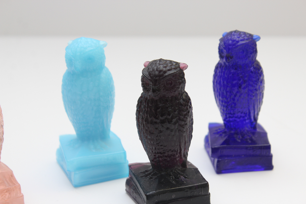 1970s Degenhart Glass Owls in Assorted Colors