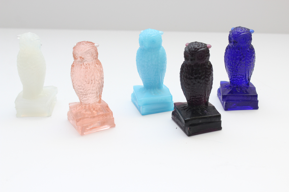 1970s Degenhart Glass Owls in Assorted Colors