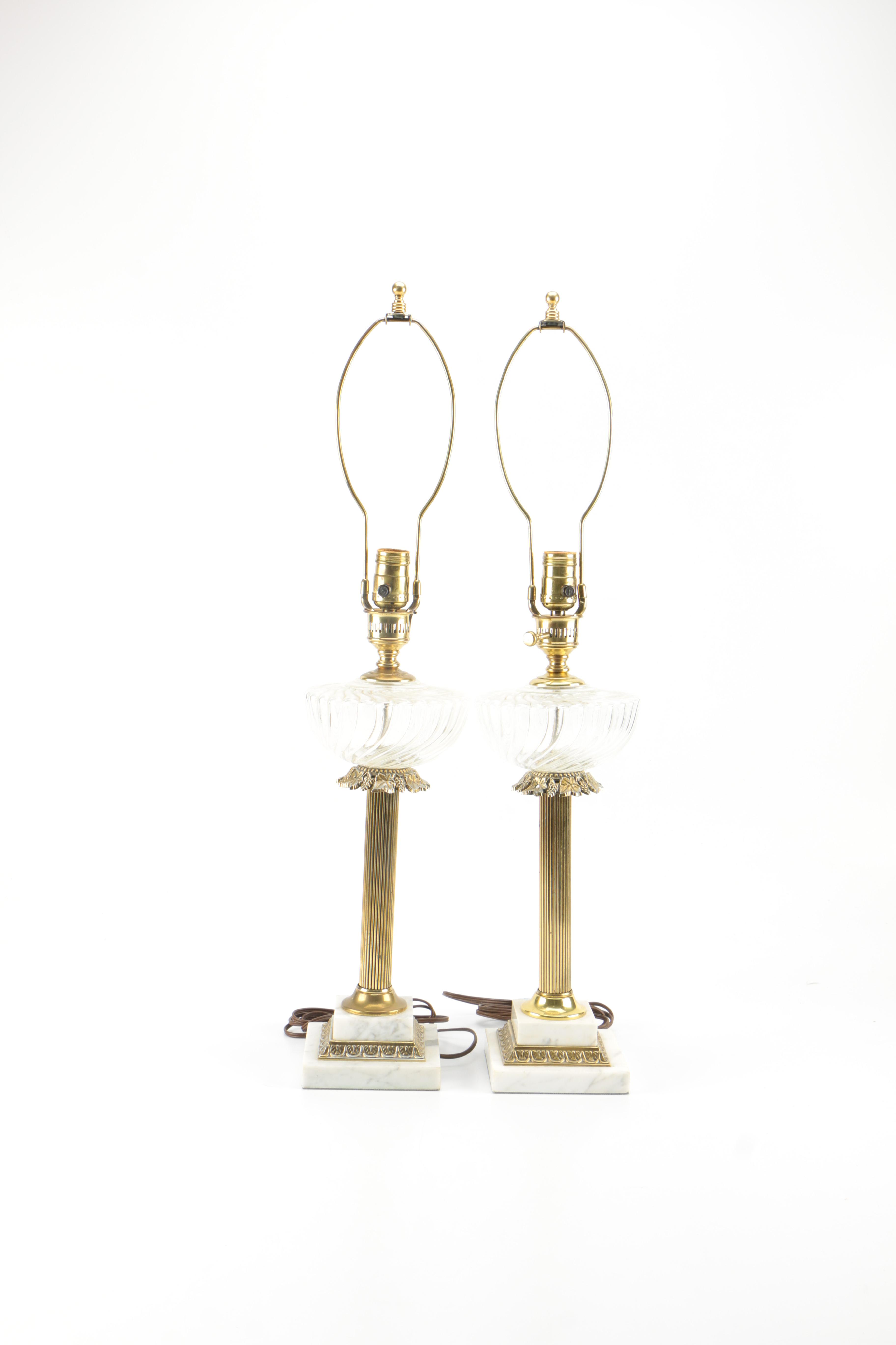 Swirl Glass Brass and Marble Table Lamps