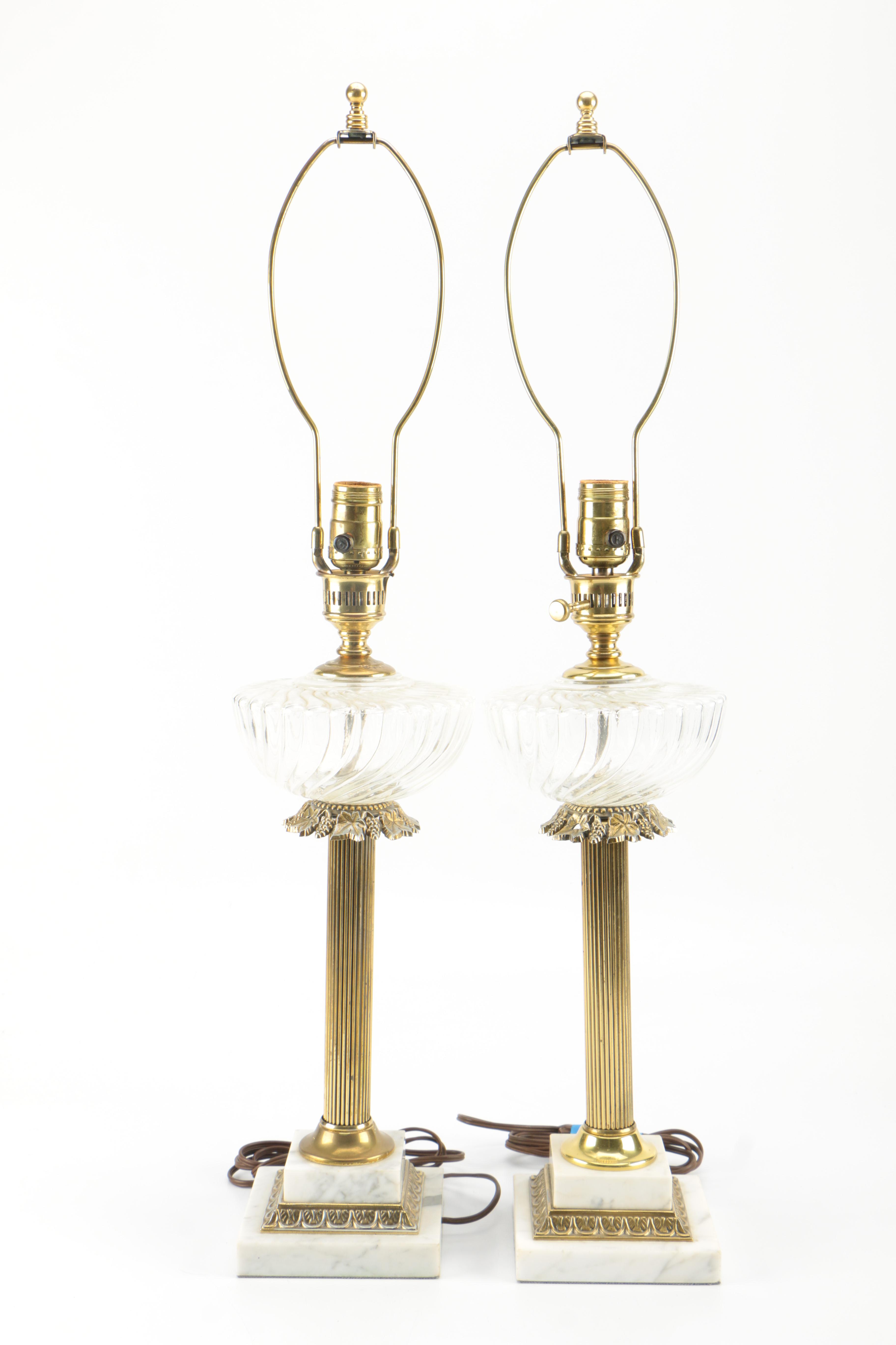 Swirl Glass Brass and Marble Table Lamps