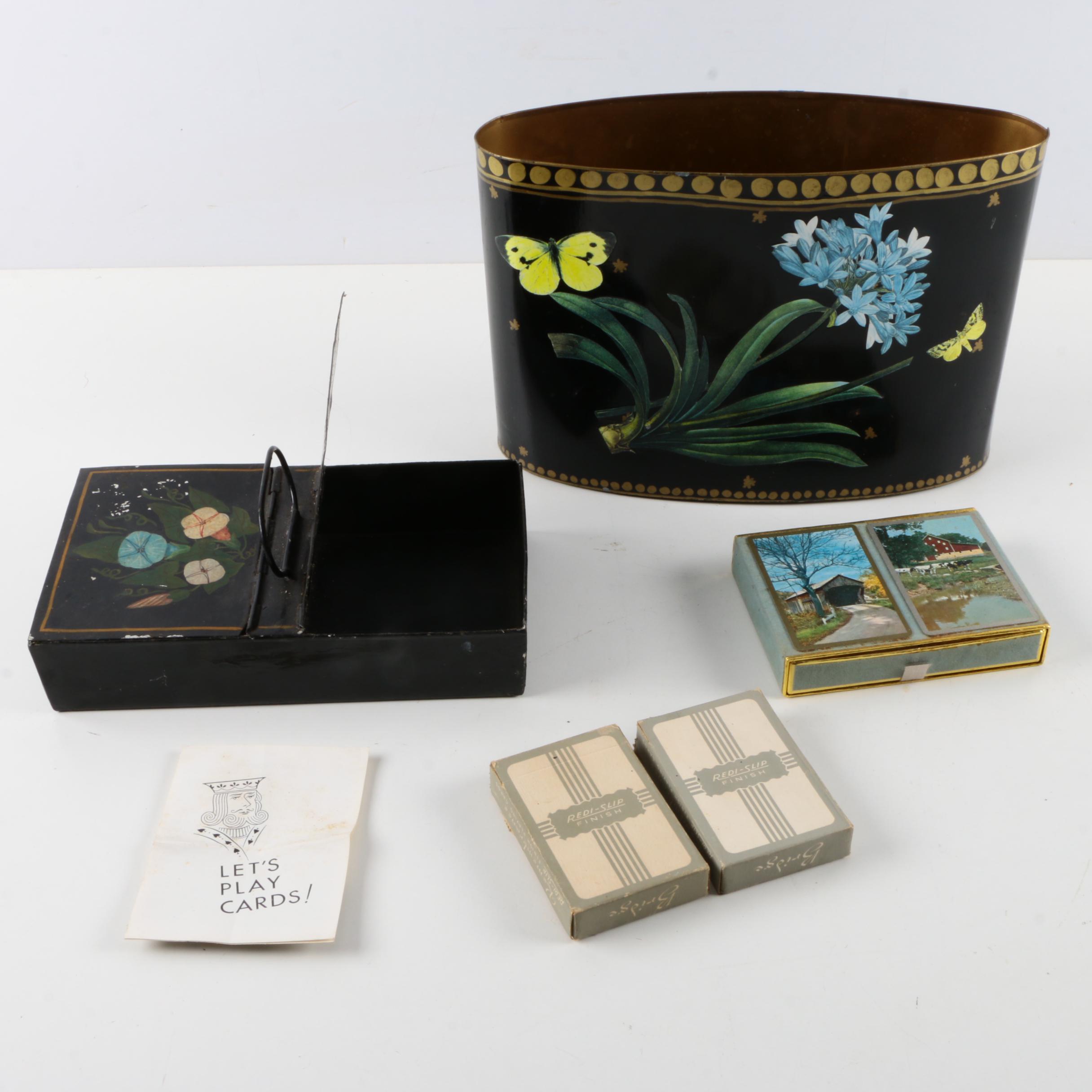 Shabby Chic Metal Wastebasket and Playing Card Holder