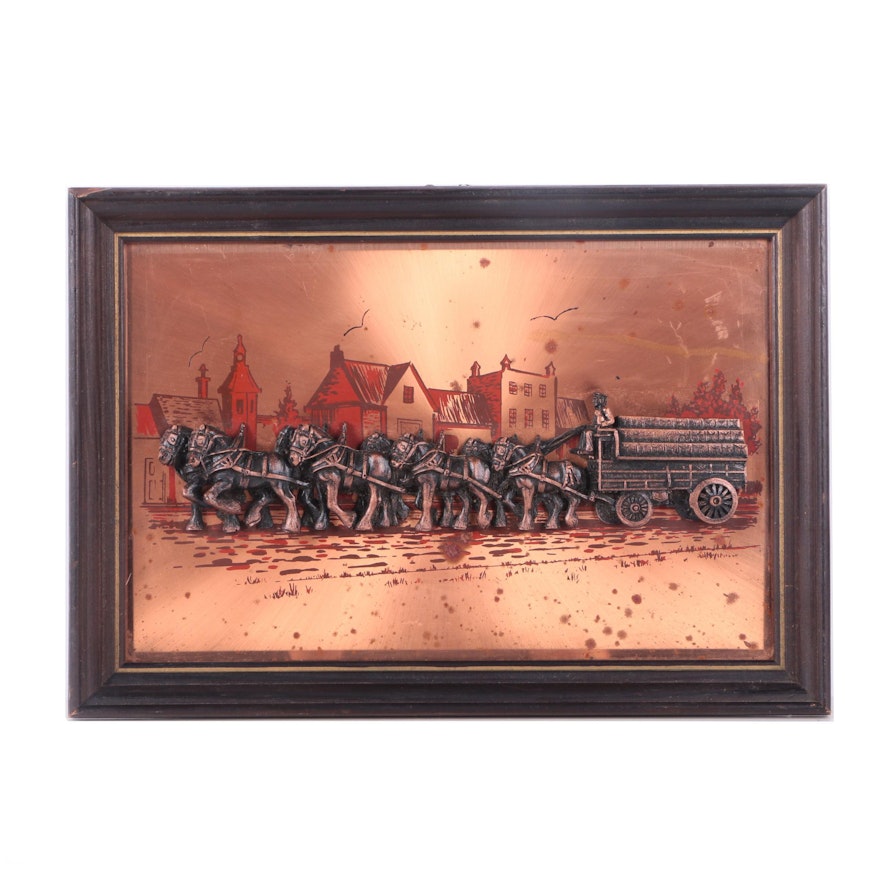 Copper Bas-Relief of a Team of Draught Horses Pulling a Wagon