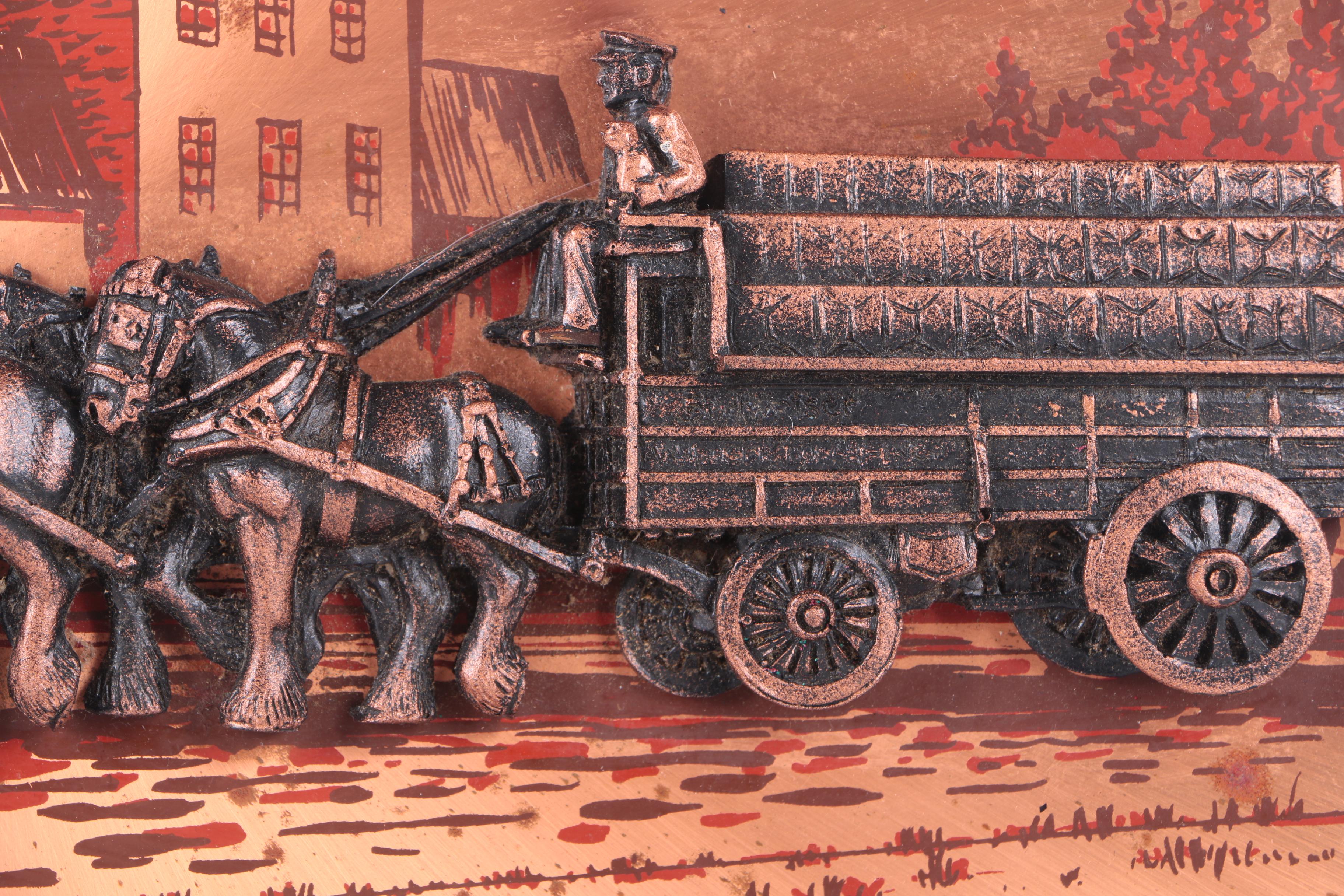 Copper Bas-Relief of a Team of Draught Horses Pulling a Wagon
