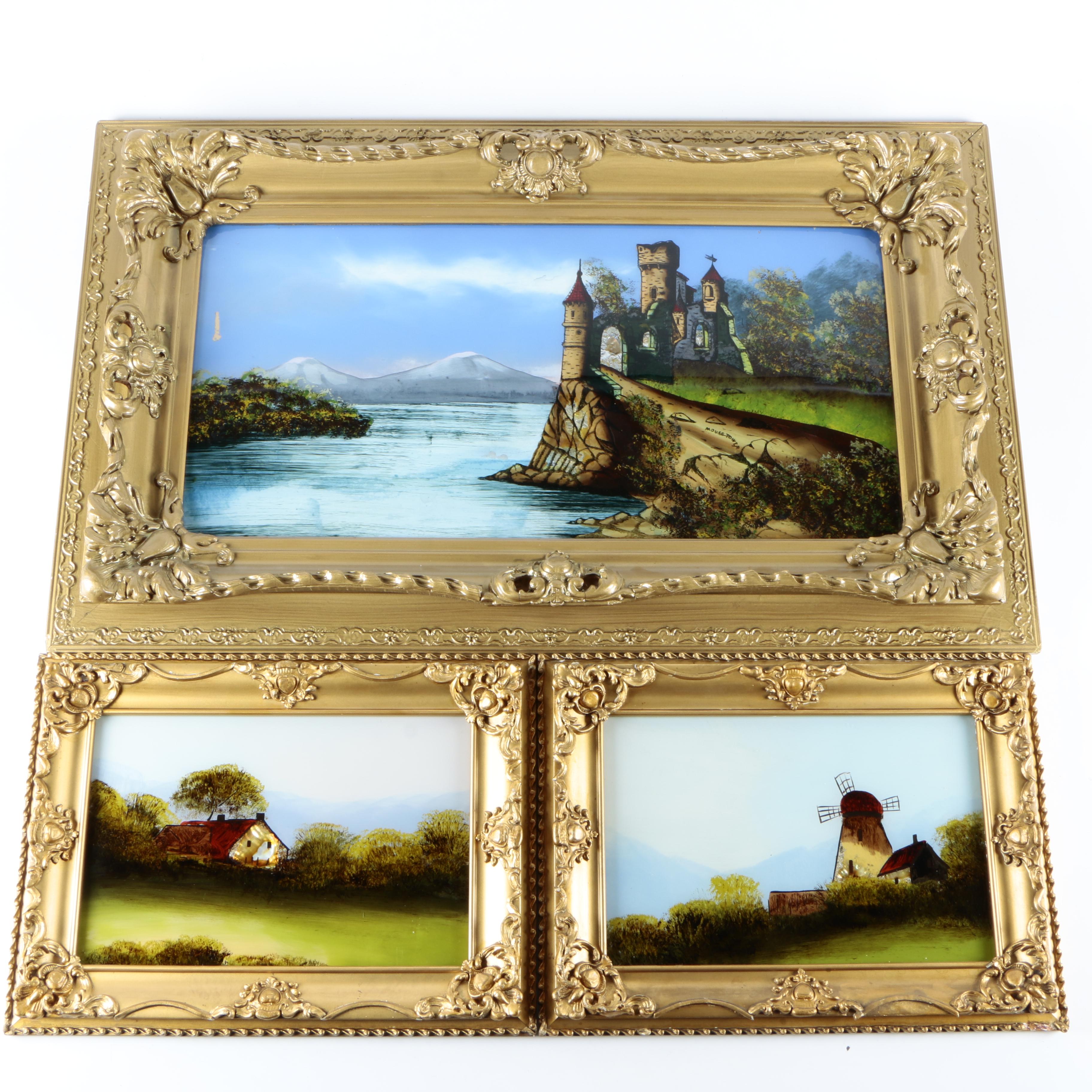 Trio of Reverse Oil Paintings on Glass