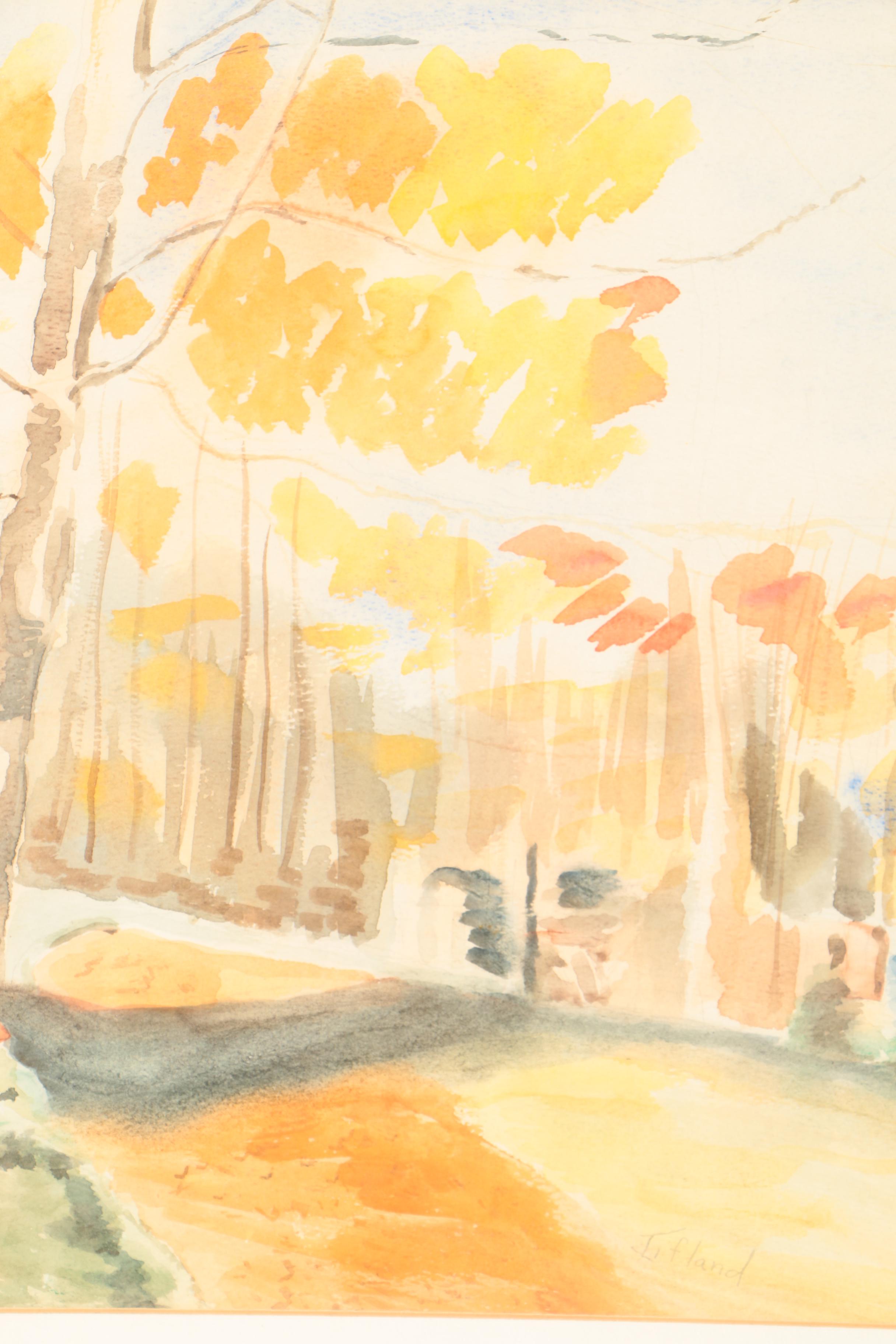 I. Fland Watercolor on Paper of Autumn Landscape