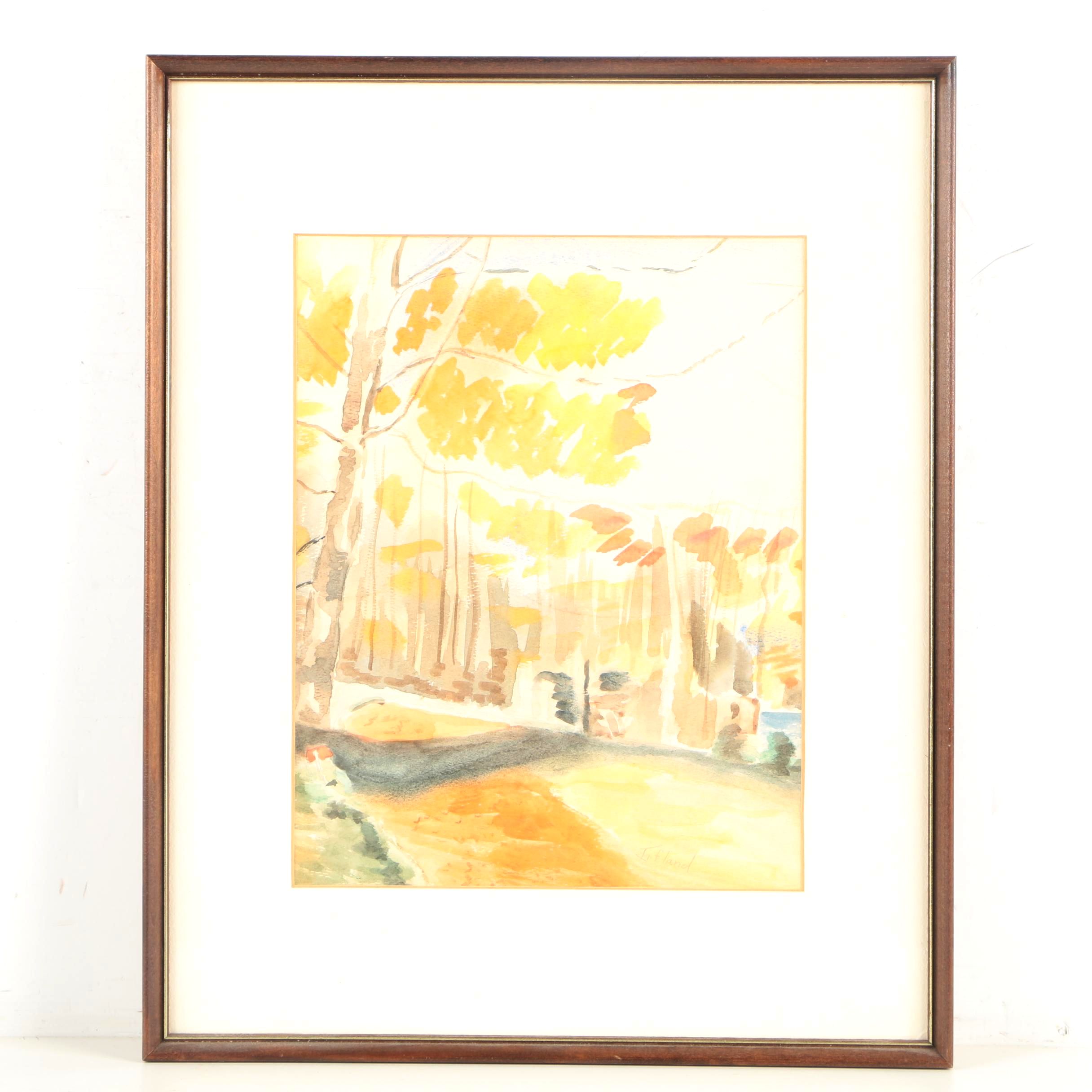 I. Fland Watercolor on Paper of Autumn Landscape