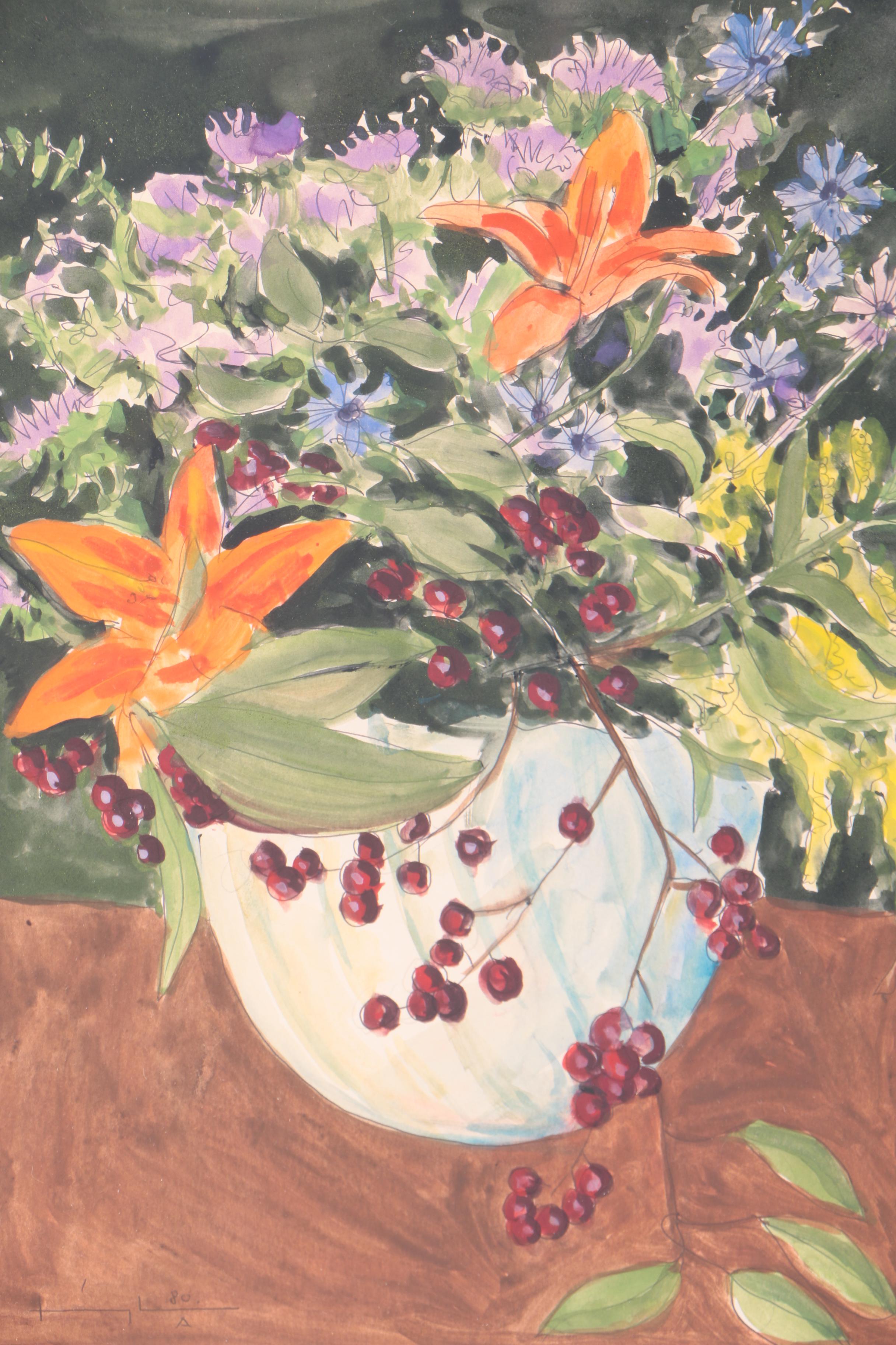 Gouache Painting of a Floral Still Life