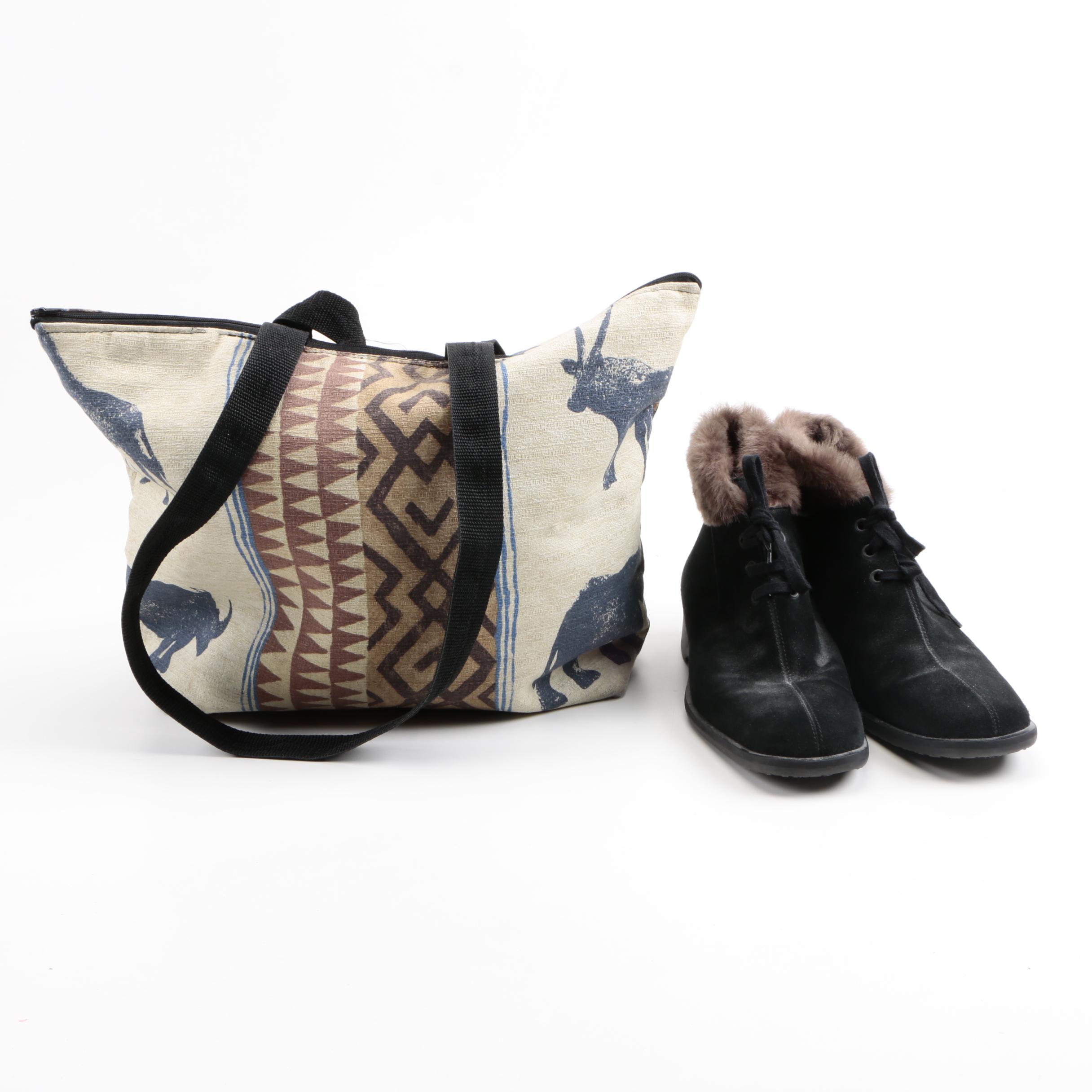 Bruno Magli Faux Shearling Ankle Boots and Tote Bag