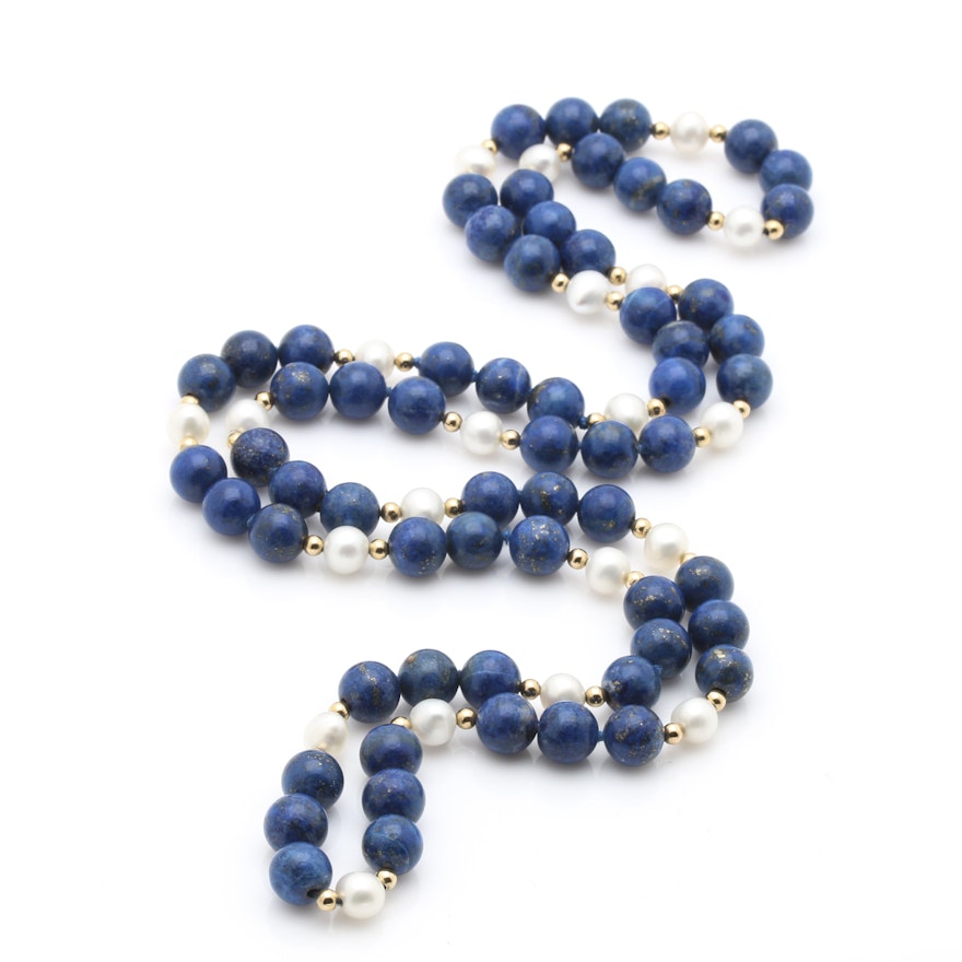 Lapis Lazuli and Freshwater Cultured Pearl Necklace with 14K Yellow Gold Beads