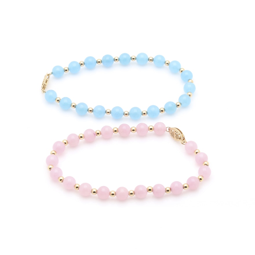 Rose and Dyed Blue Quartz Bracelets With 14K Yellow Gold Clasps and Beads