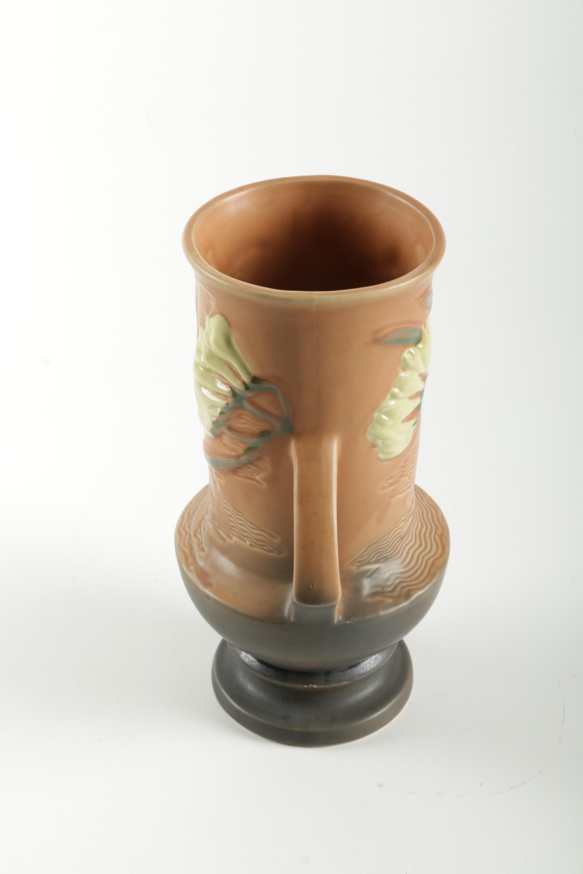 Reproduction Chinese Roseville Dual Handled Footed Ceramic Vase