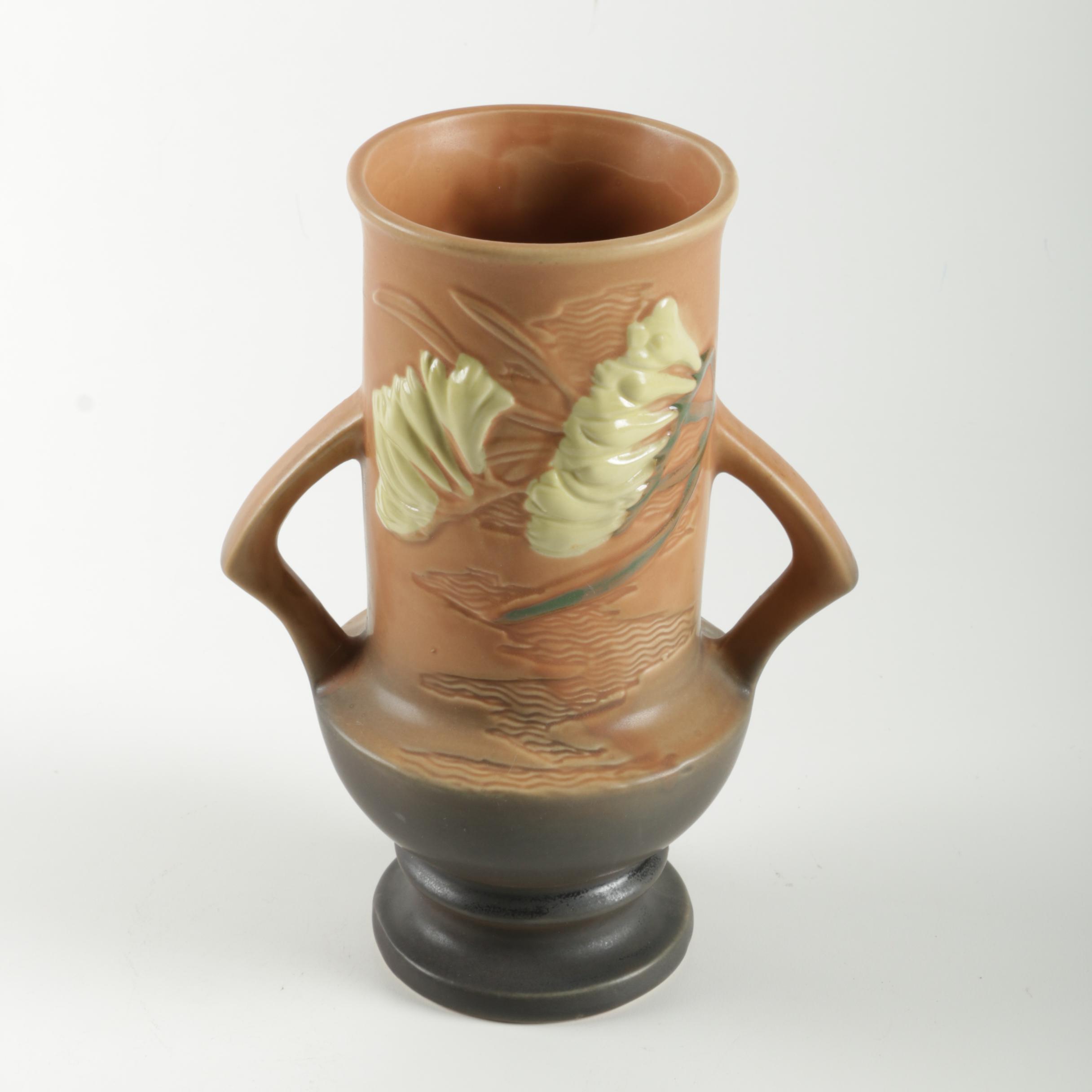 Reproduction Chinese Roseville Dual Handled Footed Ceramic Vase