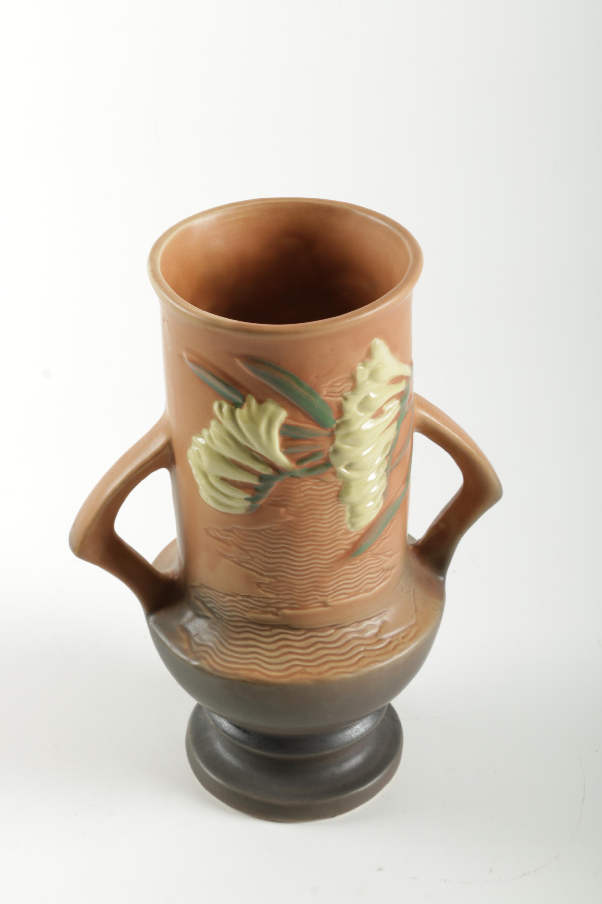 Reproduction Chinese Roseville Dual Handled Footed Ceramic Vase