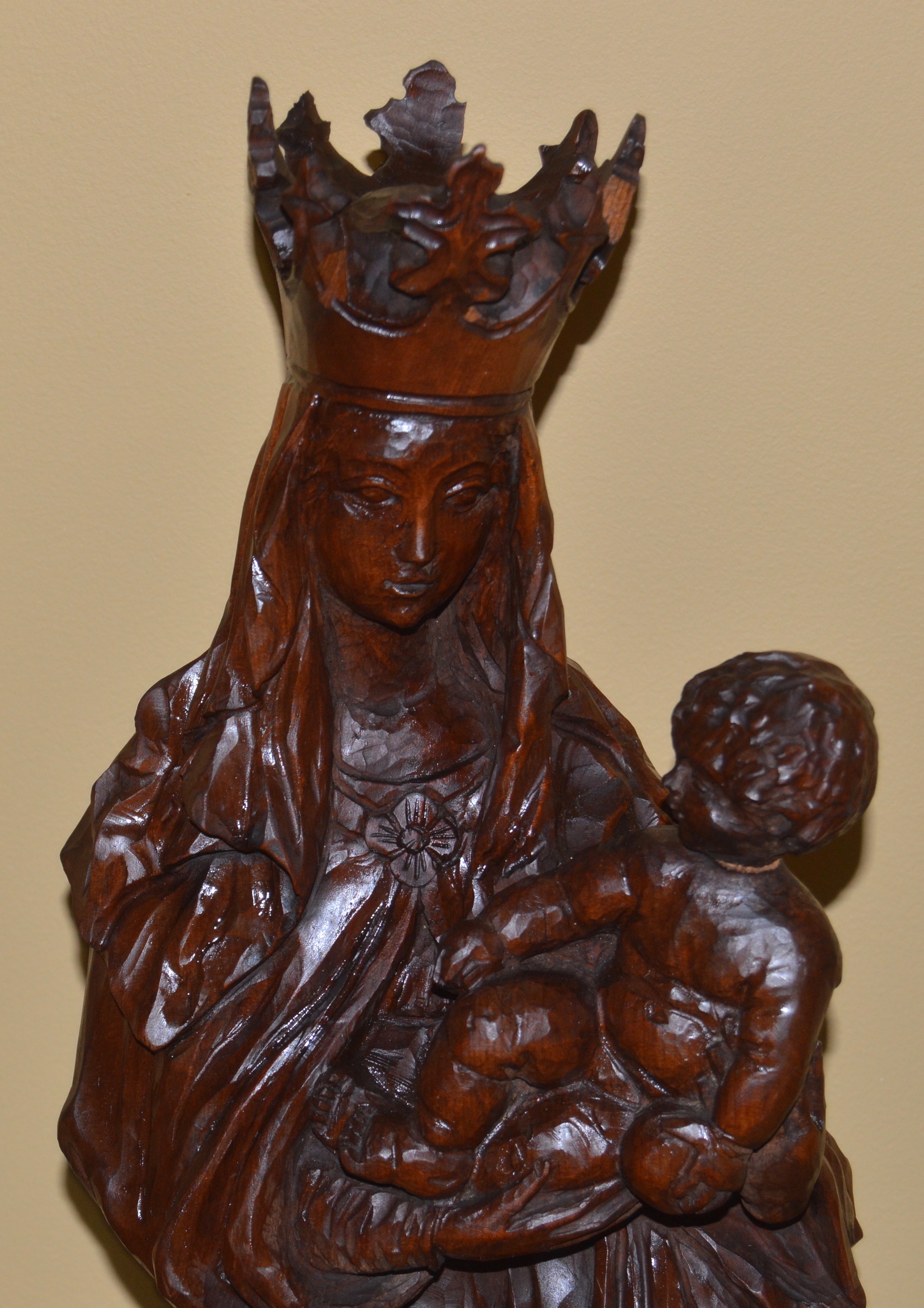 Antique Hand-Carved Wooden Madonna and Child Sculpture