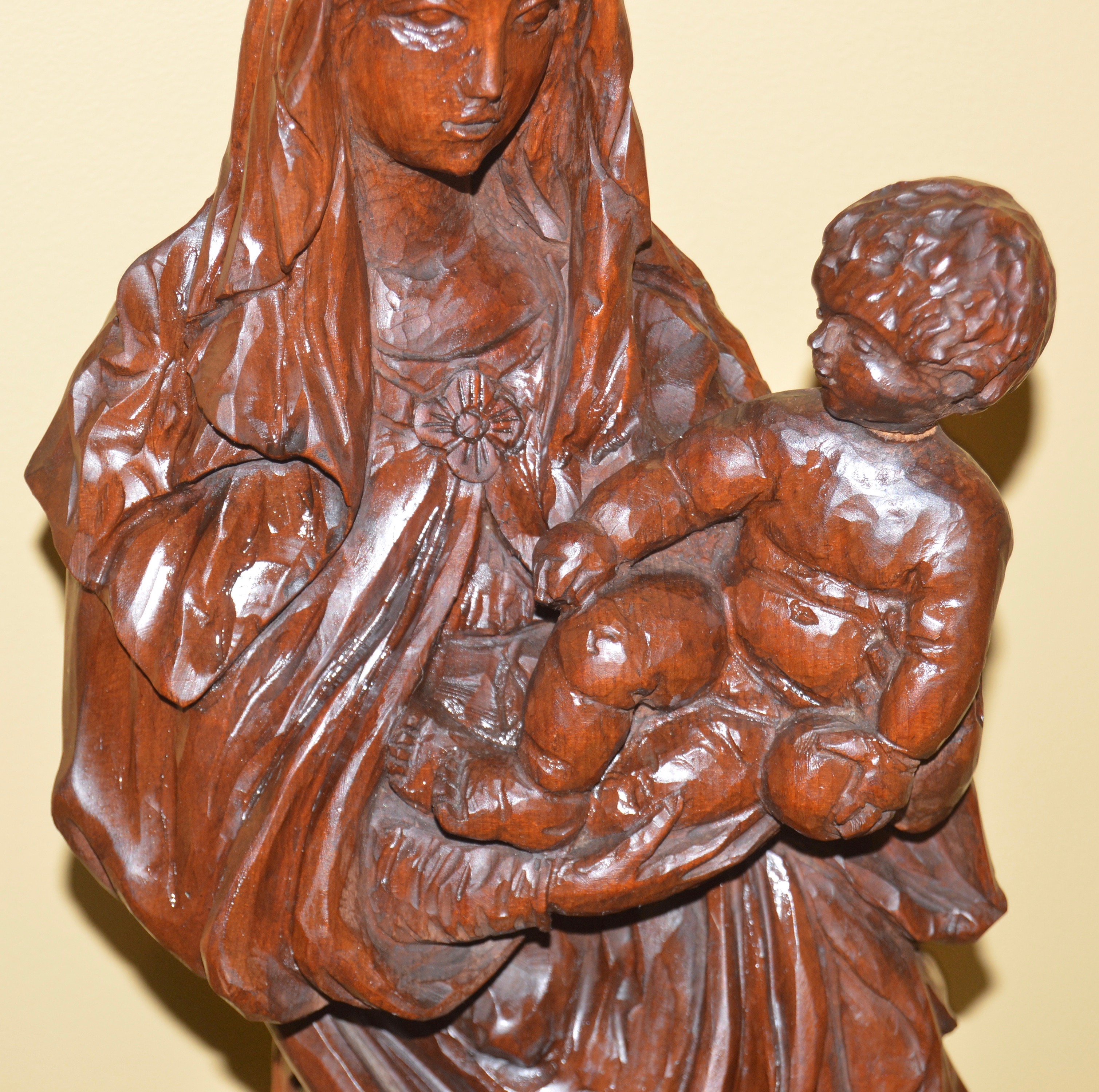 Antique Hand-Carved Wooden Madonna and Child Sculpture