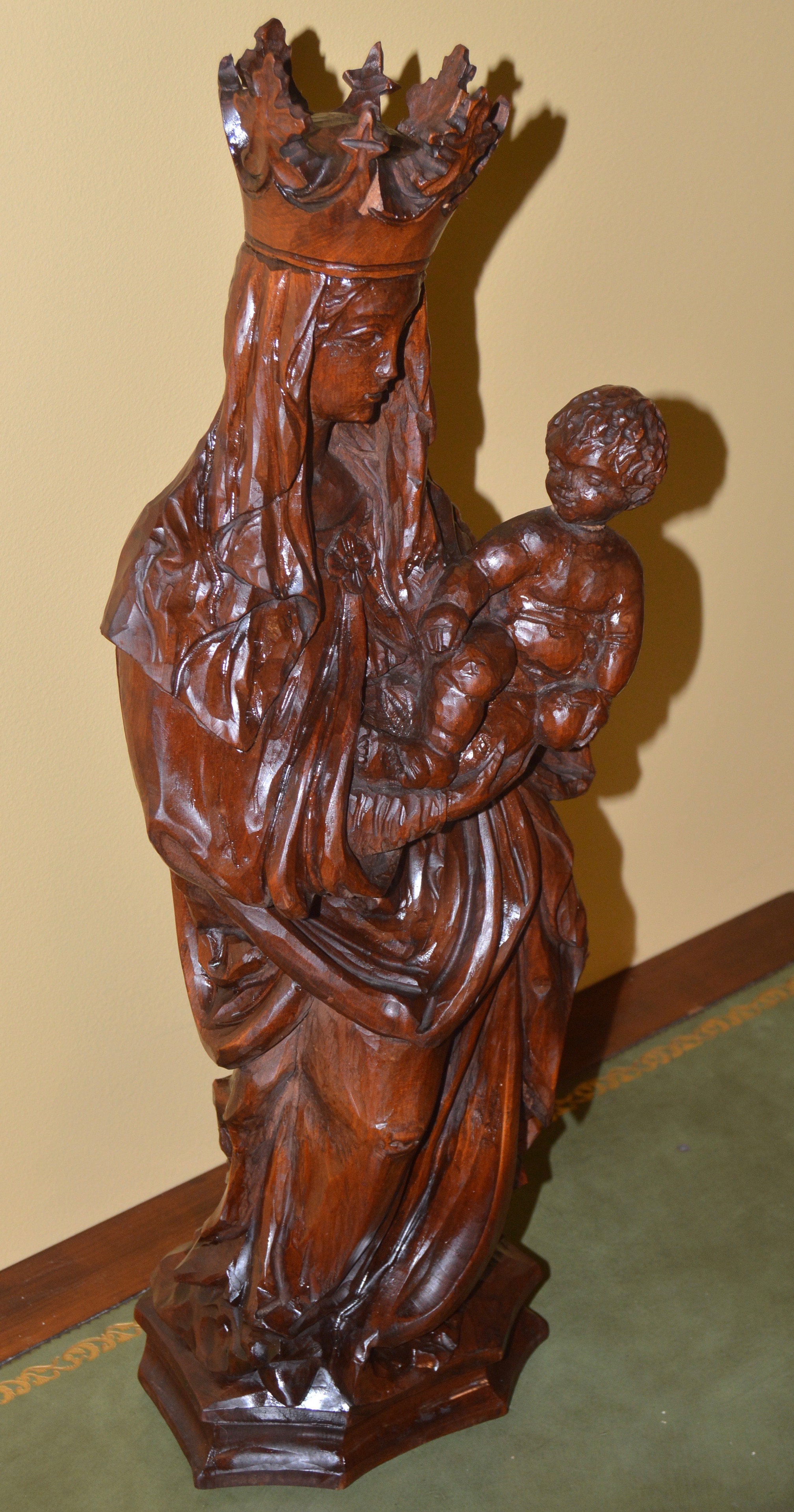 Antique Hand-Carved Wooden Madonna and Child Sculpture