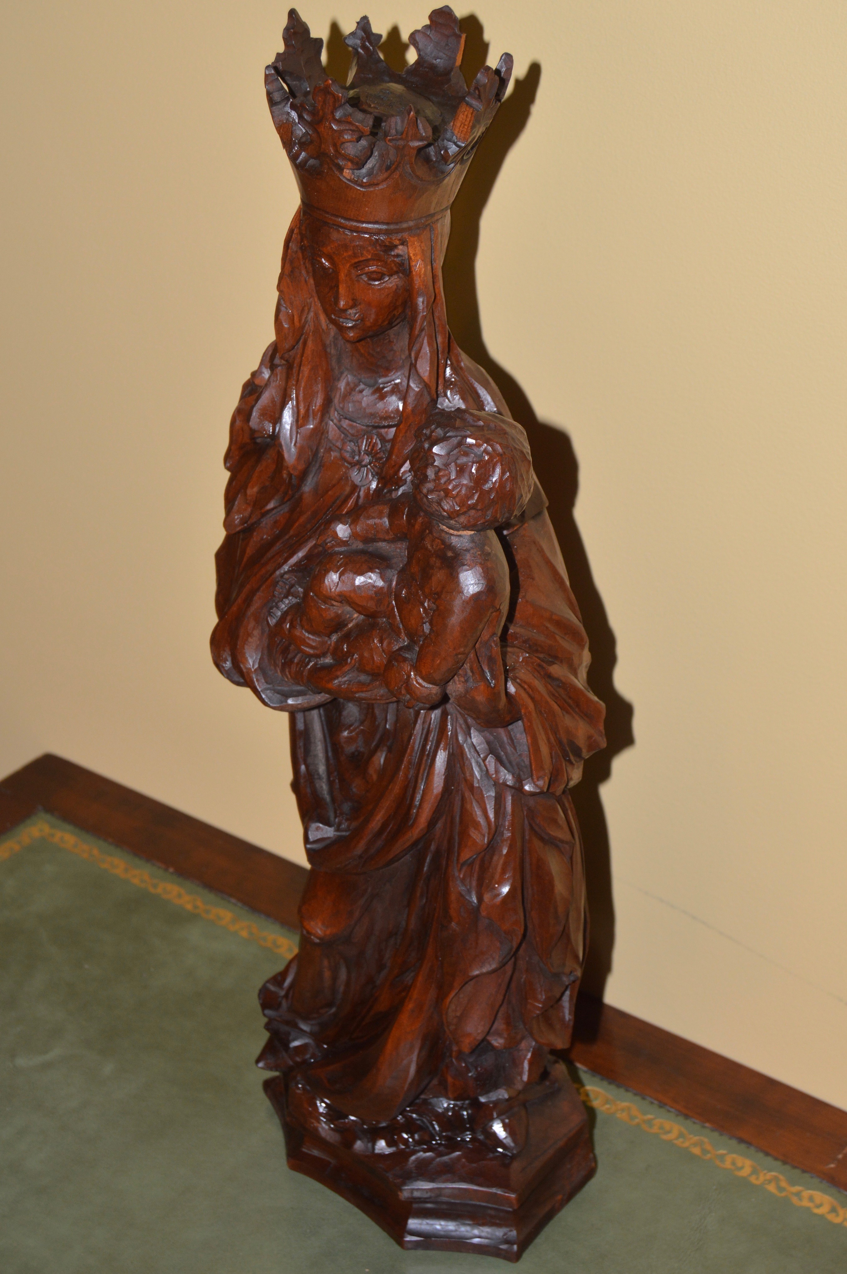 Antique Hand-Carved Wooden Madonna and Child Sculpture
