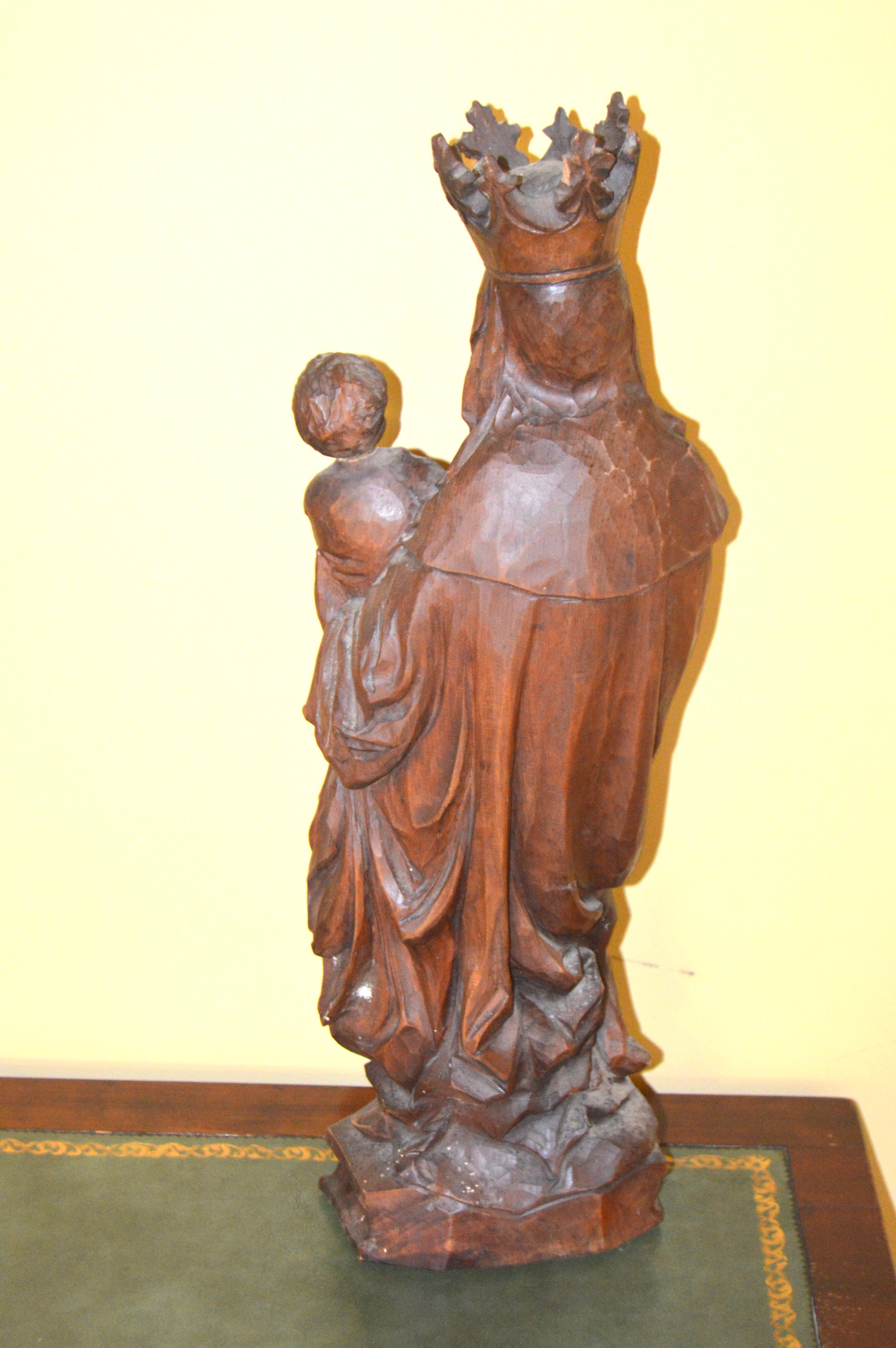 Antique Hand-Carved Wooden Madonna and Child Sculpture
