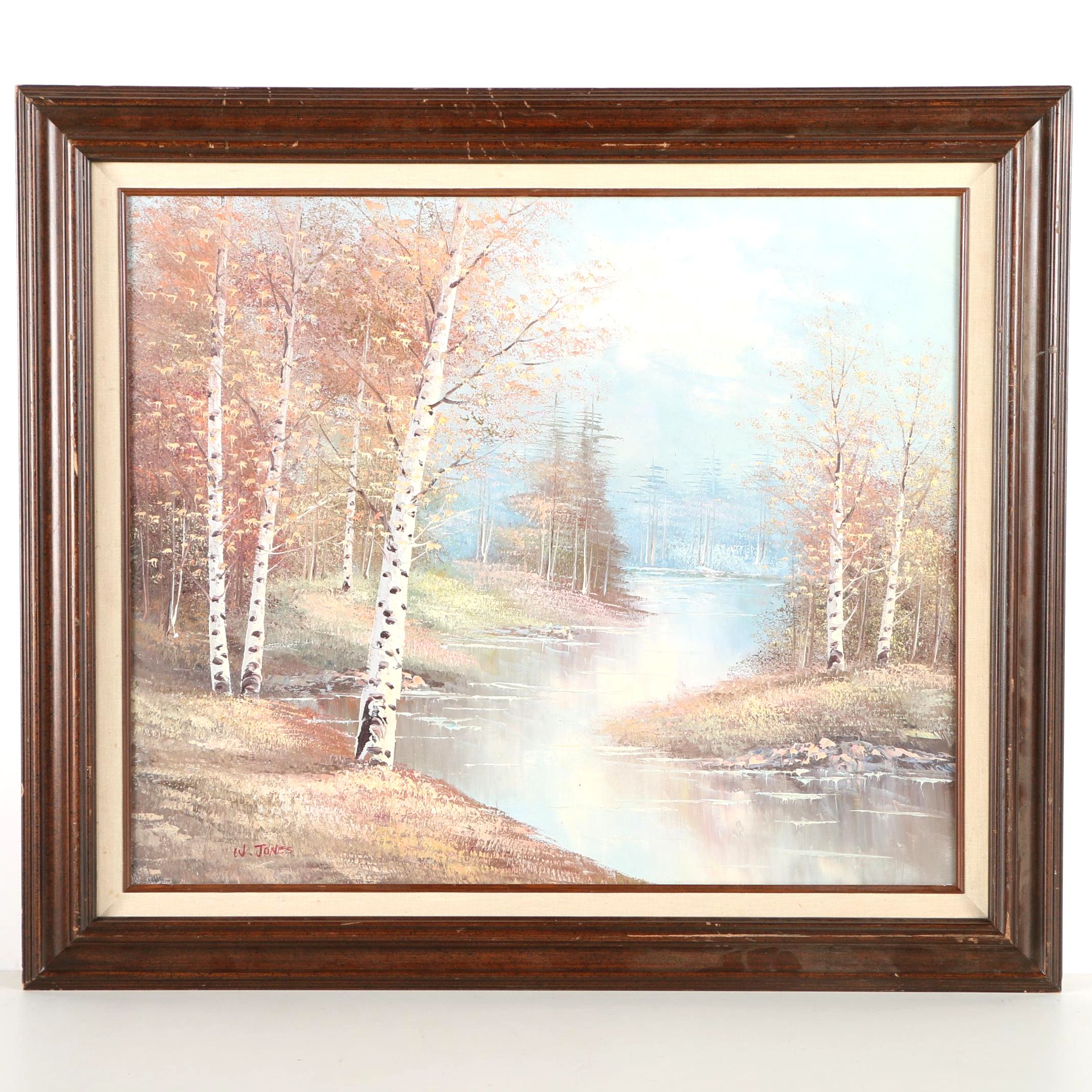 W. Jones Oil Painting on Canvas of Autumn Woodland Landscape