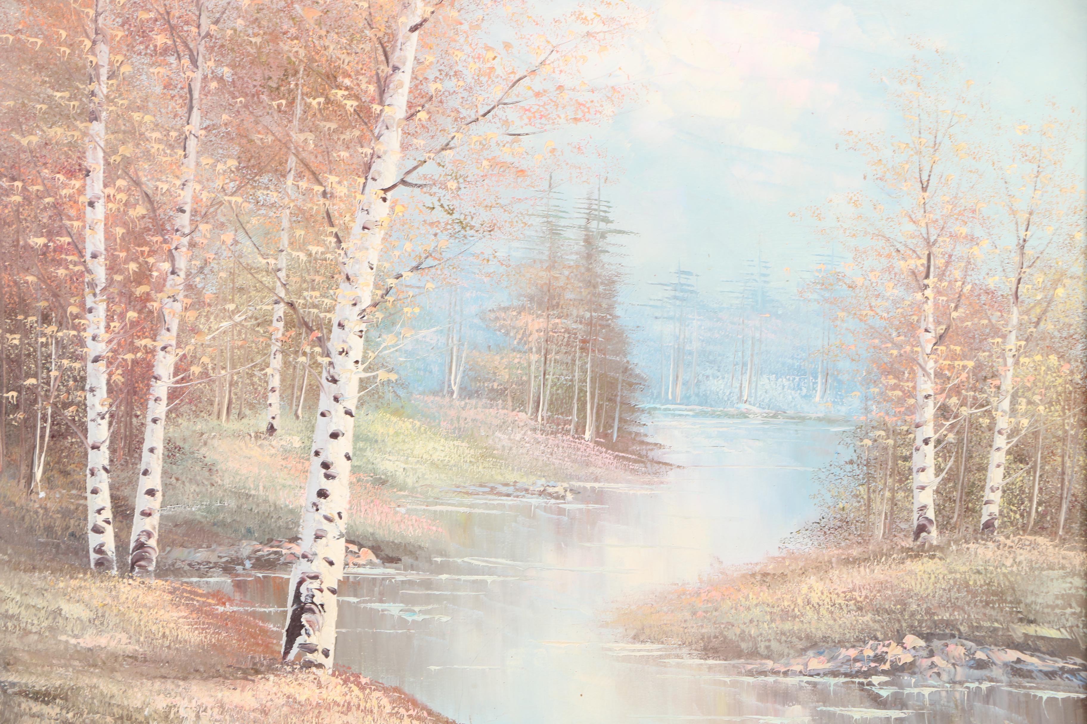 W. Jones Oil Painting on Canvas of Autumn Woodland Landscape