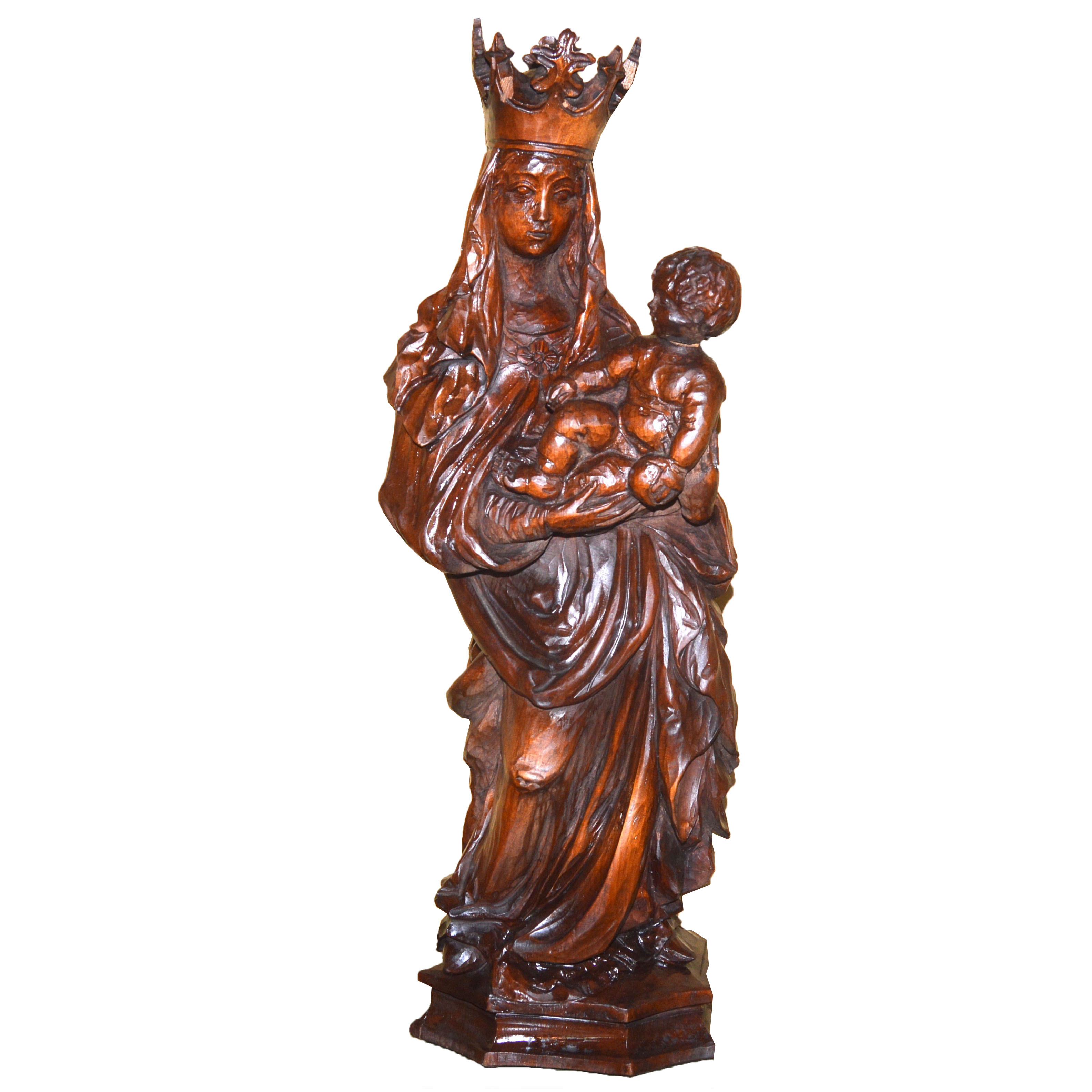 Antique Hand-Carved Wooden Madonna and Child Sculpture