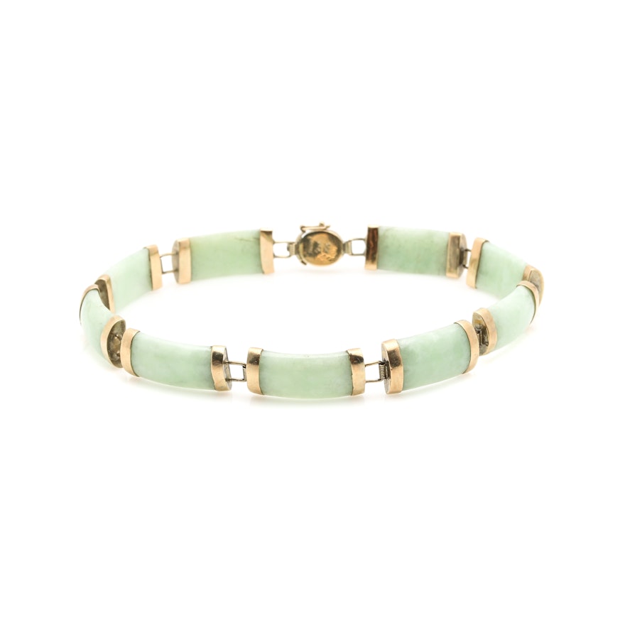 Jadeite Bar Link Bracelet With 14K Yellow Gold Findings