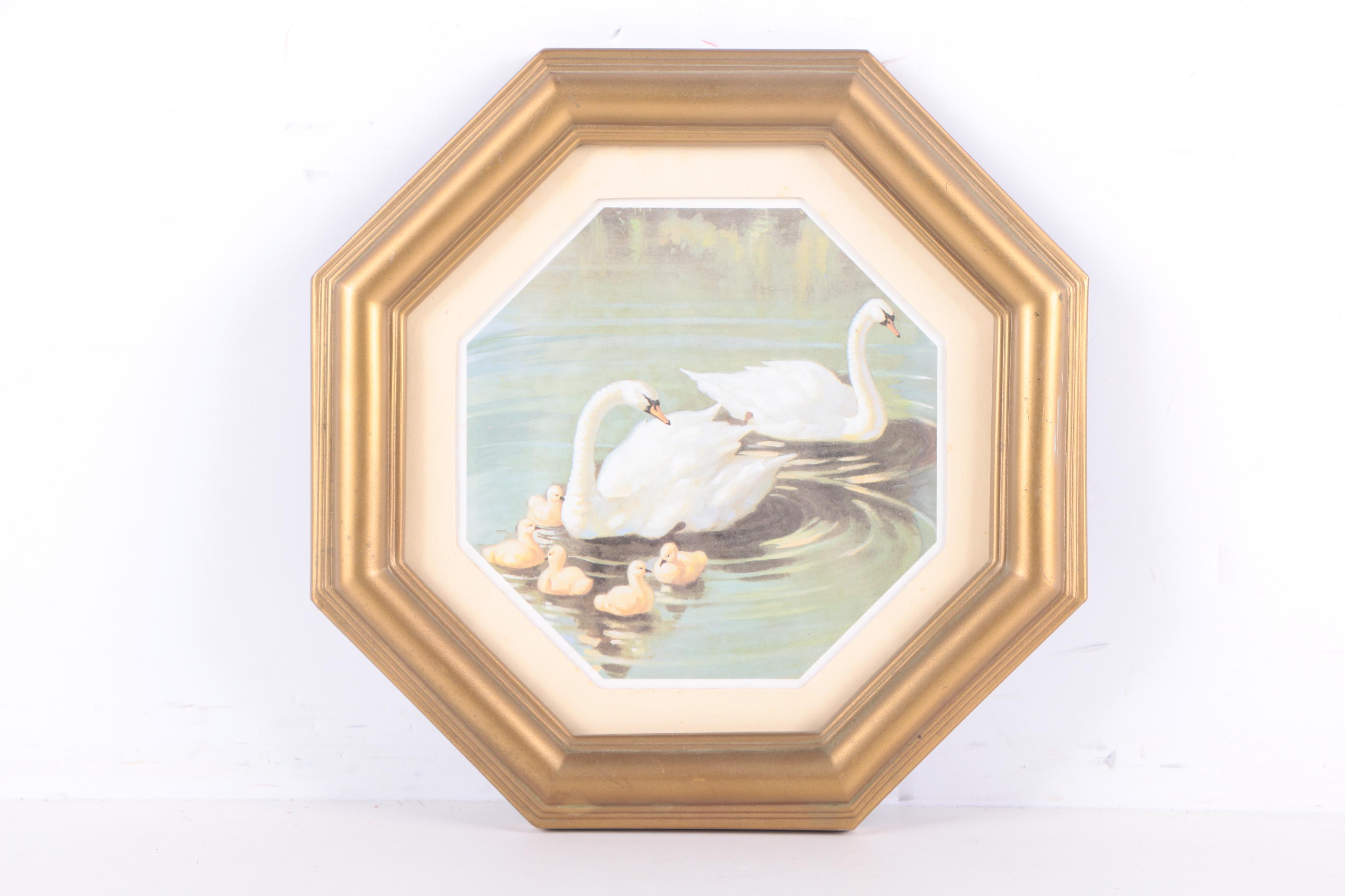 Offset Lithograph Prints Depicting Families of Swans