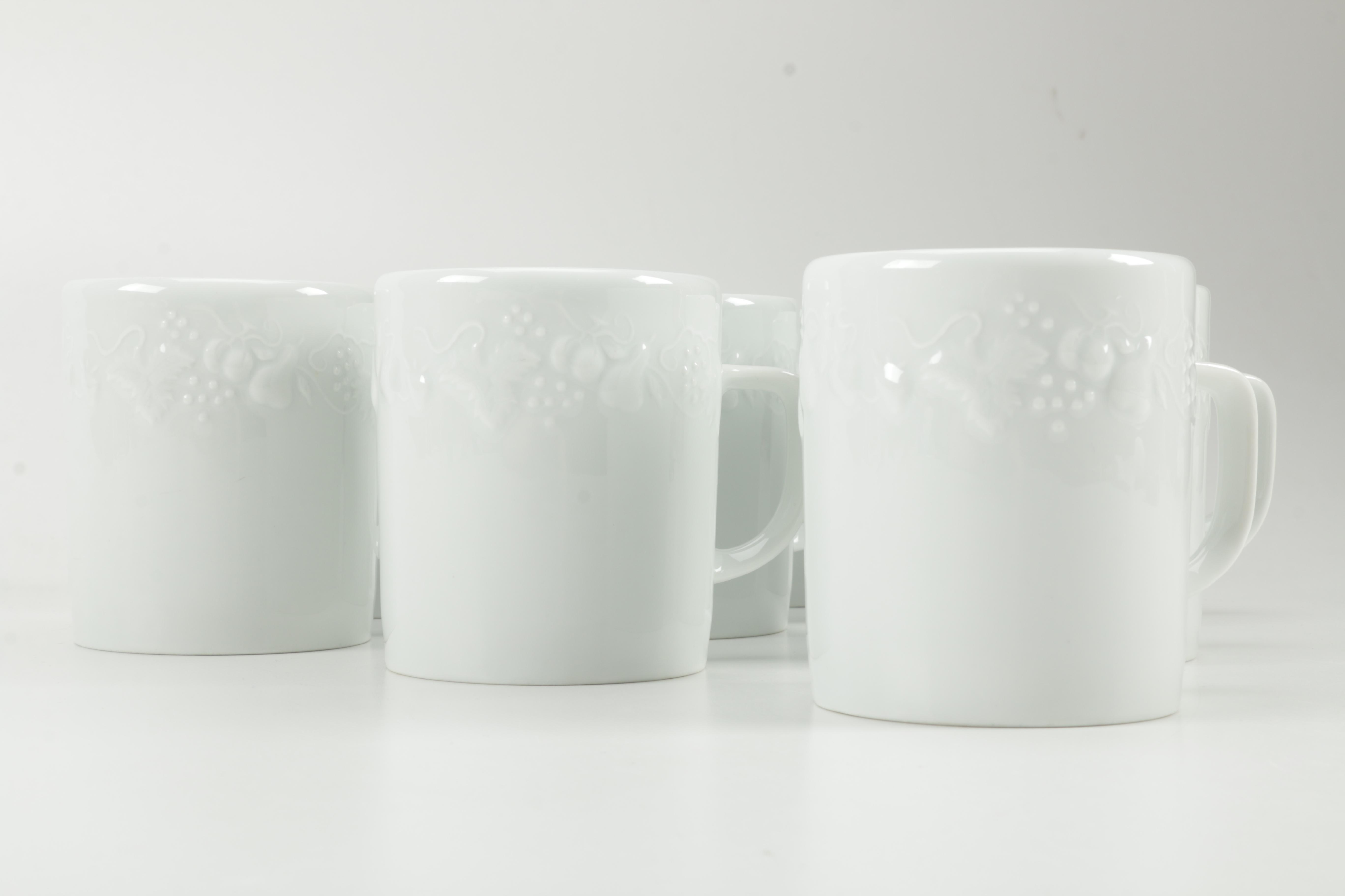 Set of Fruit Patterned Whiteware Porcelain Mugs
