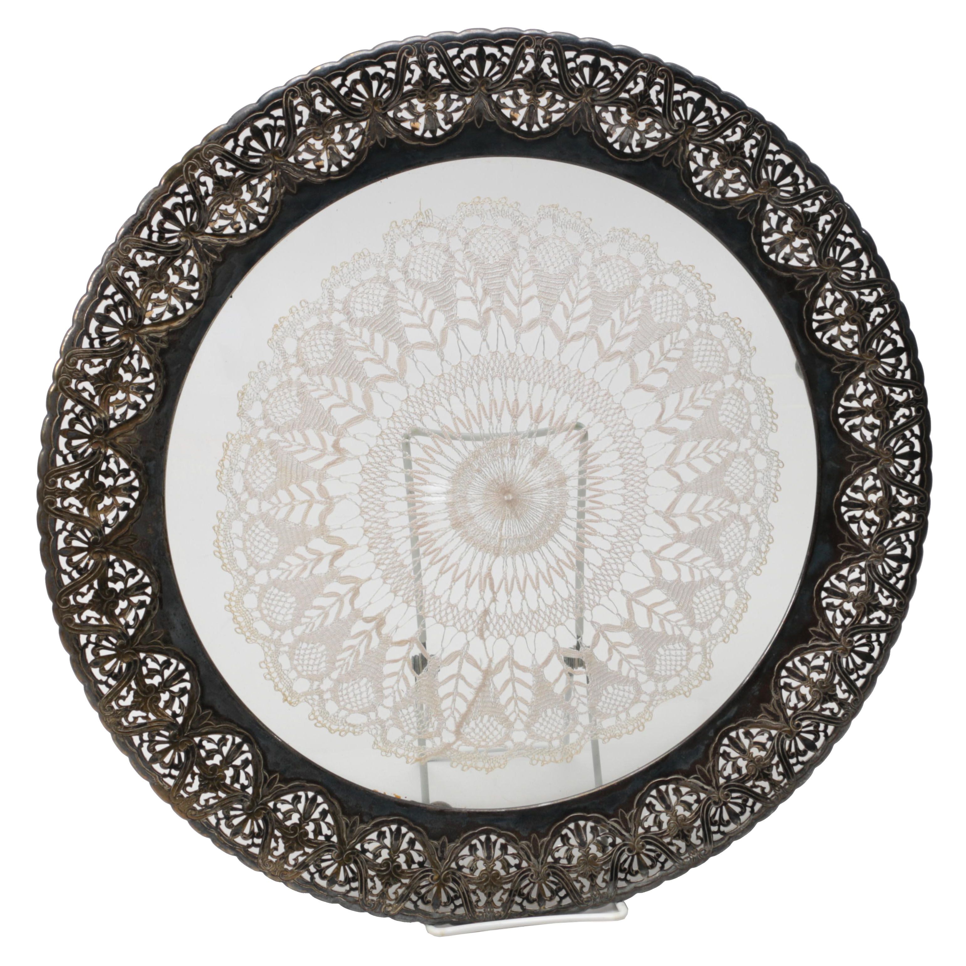 Vanity Tray with Encased Doily and Silver Plate Rim