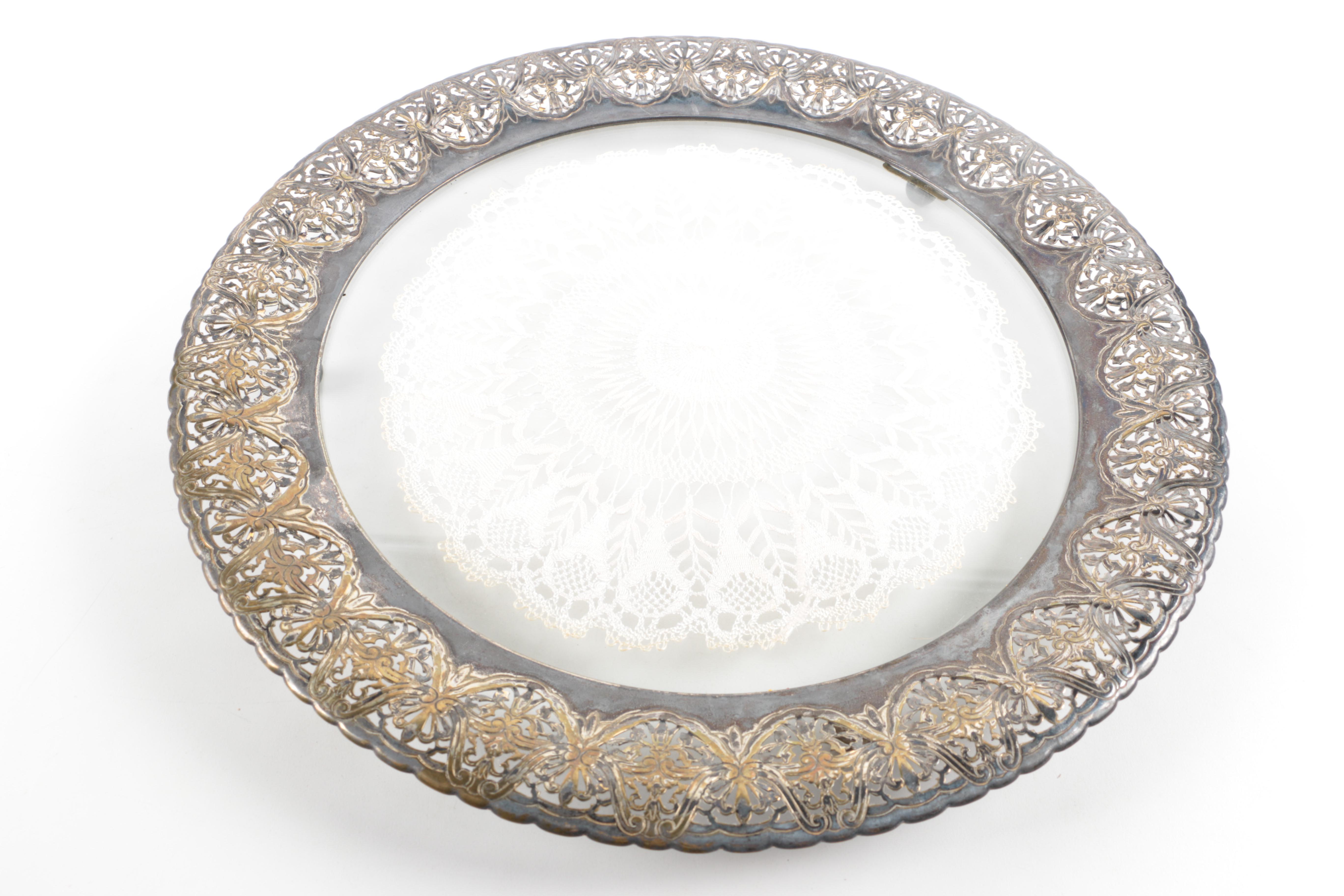 Vanity Tray with Encased Doily and Silver Plate Rim