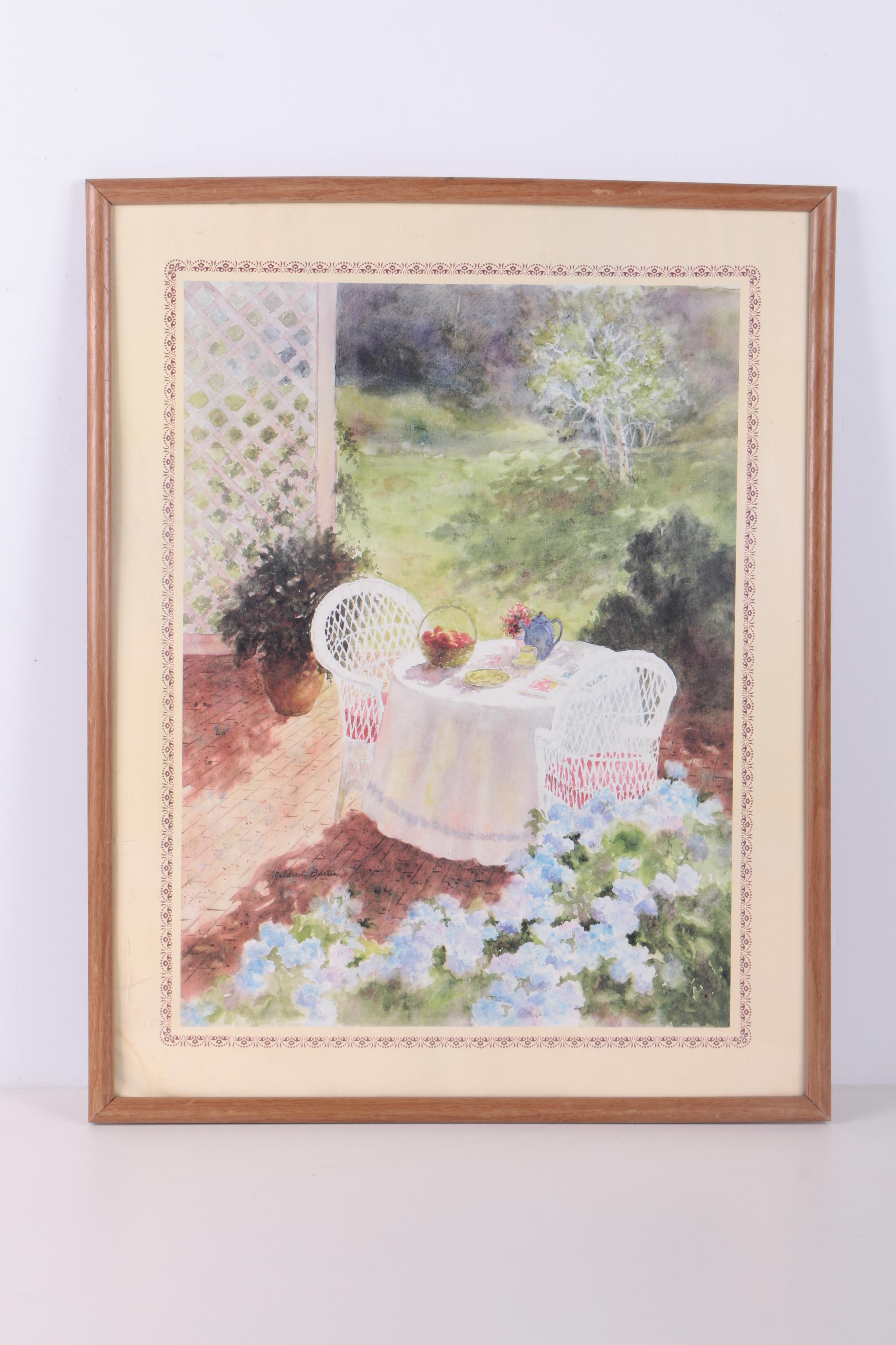 Framed Jigsaw Puzzle and Offset Lithograph on Paper of a Garden Scene