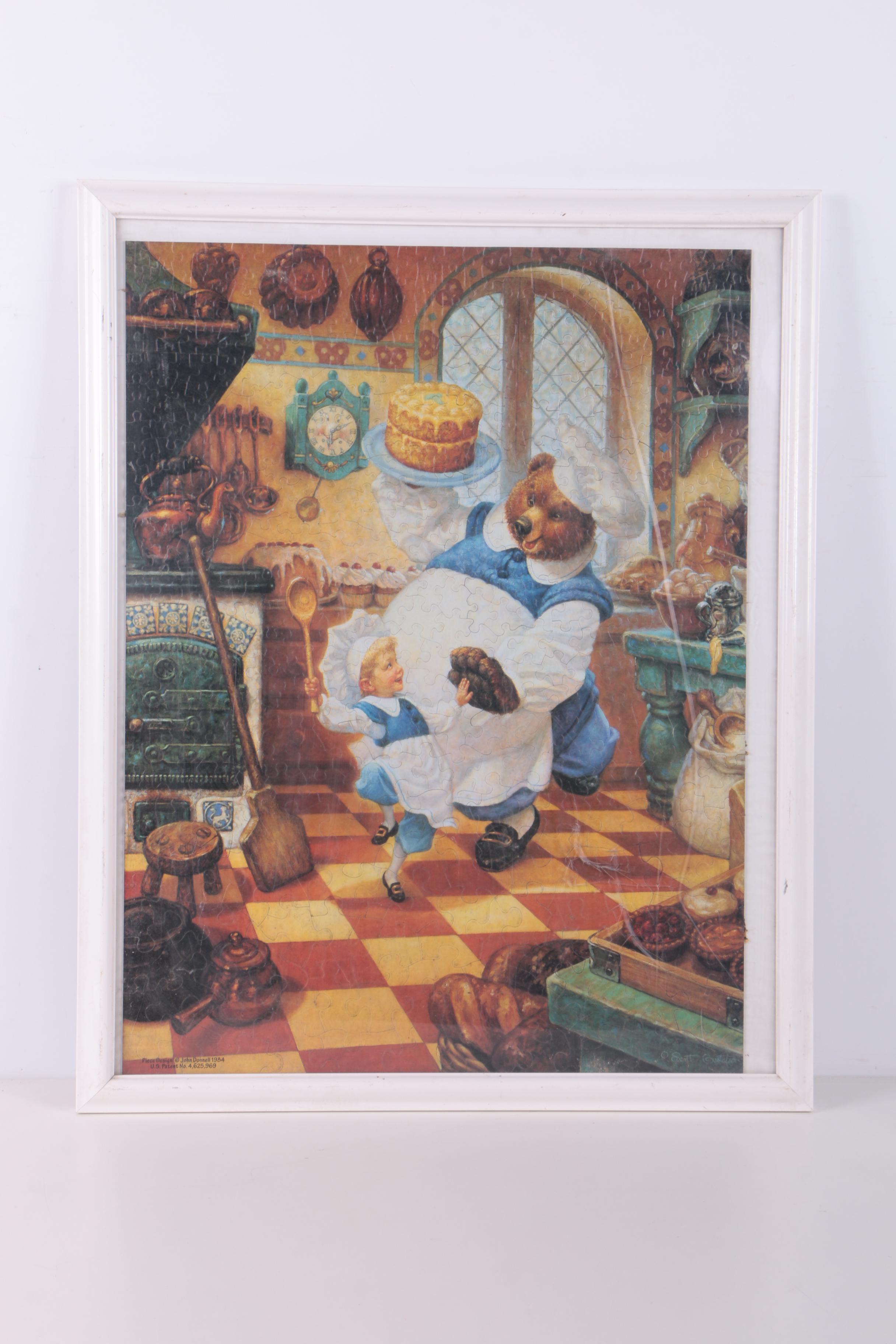Framed Jigsaw Puzzle and Offset Lithograph on Paper of a Garden Scene