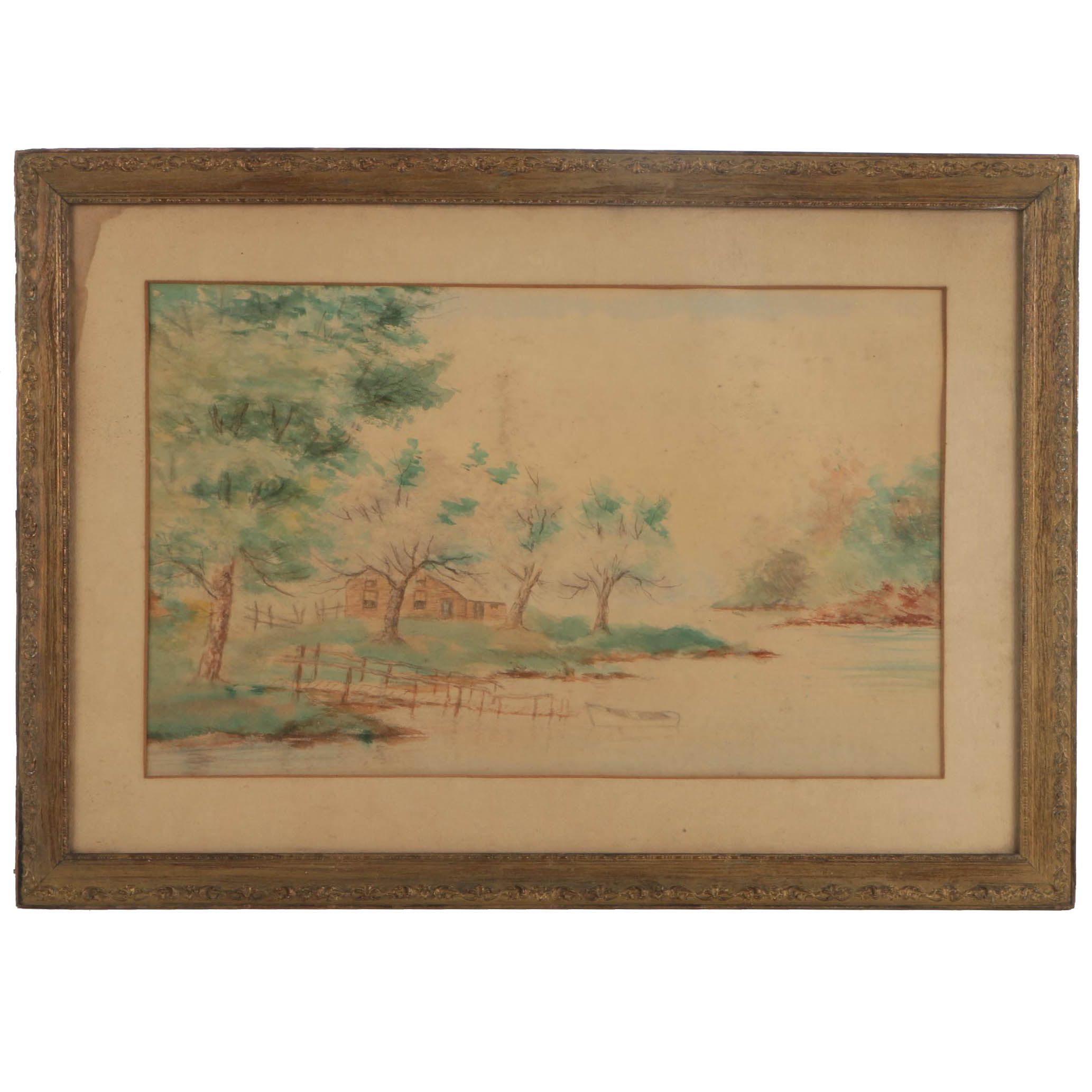 Watercolor Painting on Paper of Lakeside Cabin