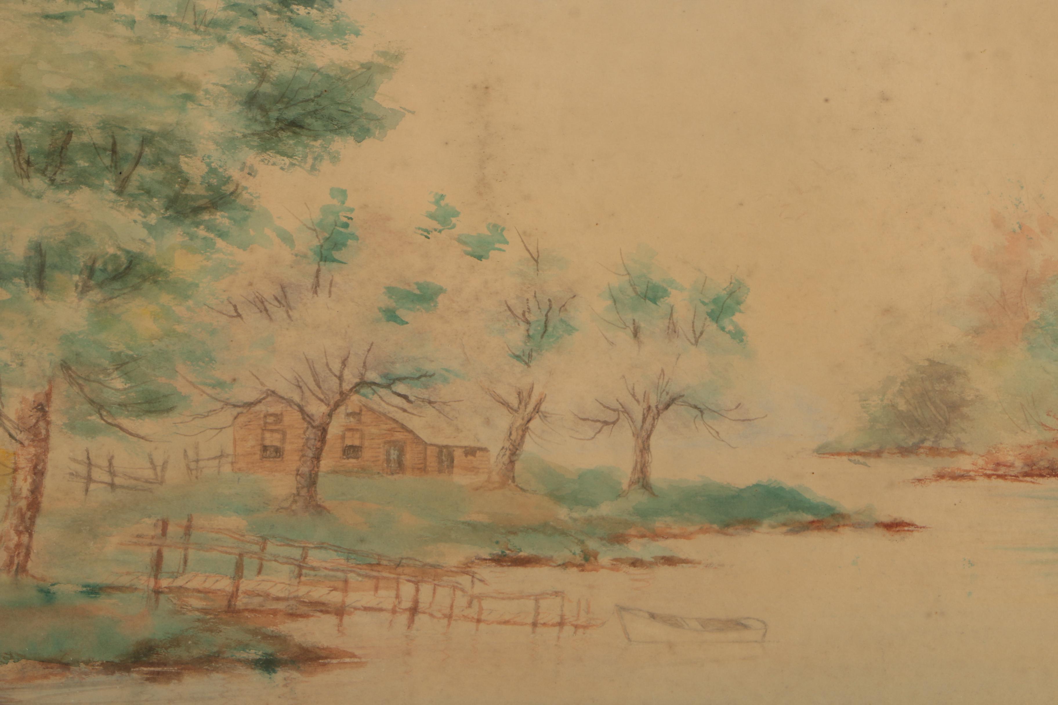 Watercolor Painting on Paper of Lakeside Cabin