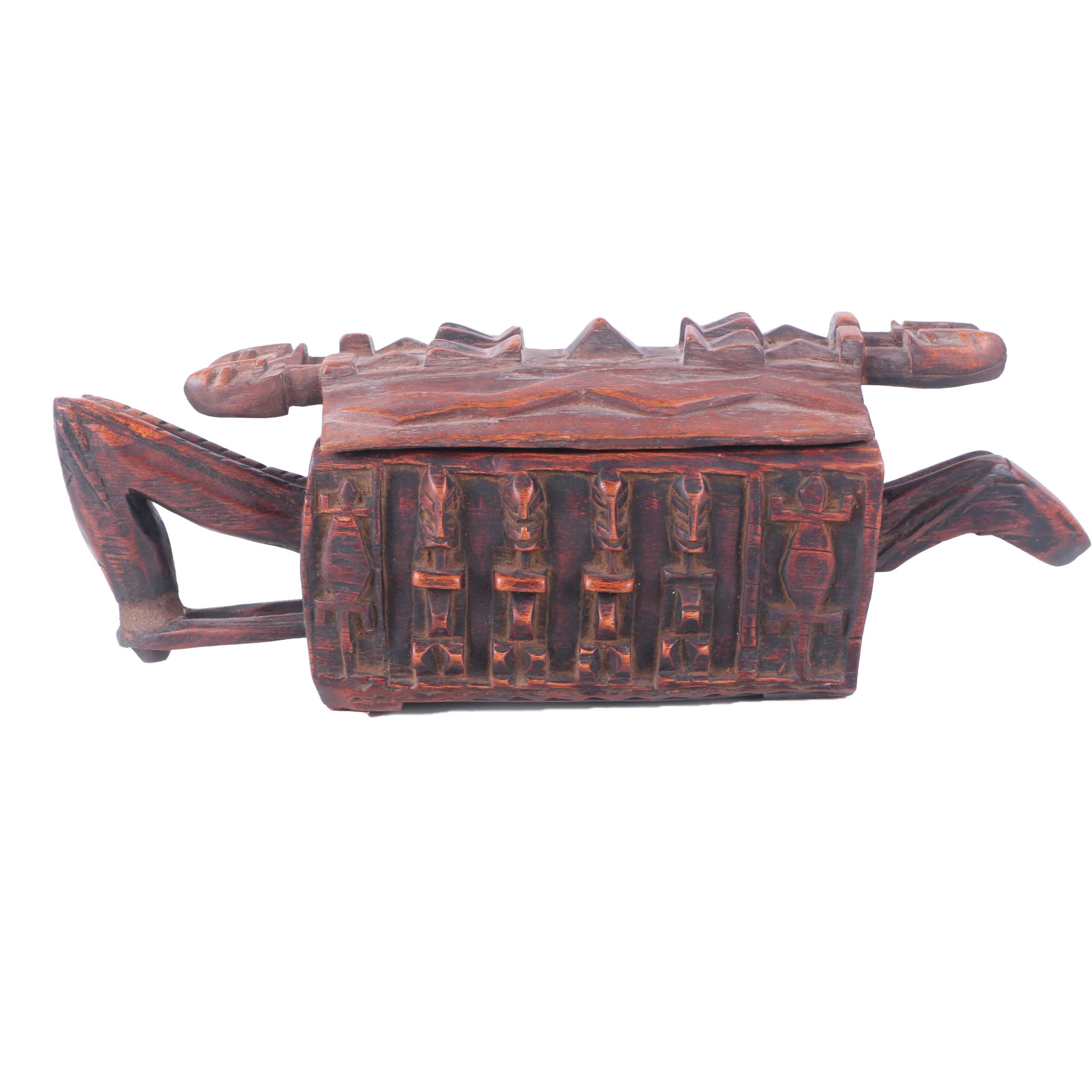 Hand Carved Wooden Container with Lid and Handle
