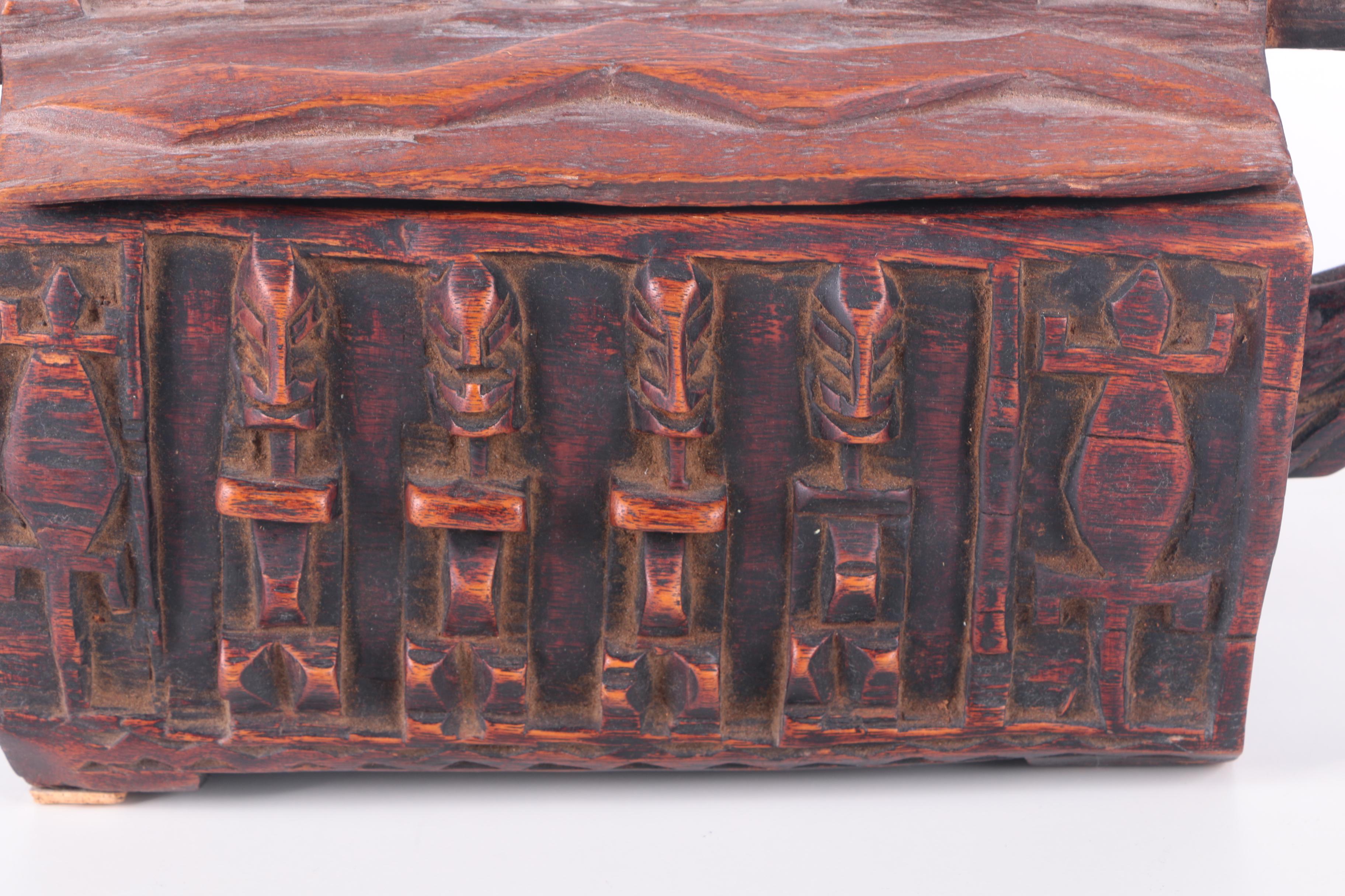 Hand Carved Wooden Container with Lid and Handle