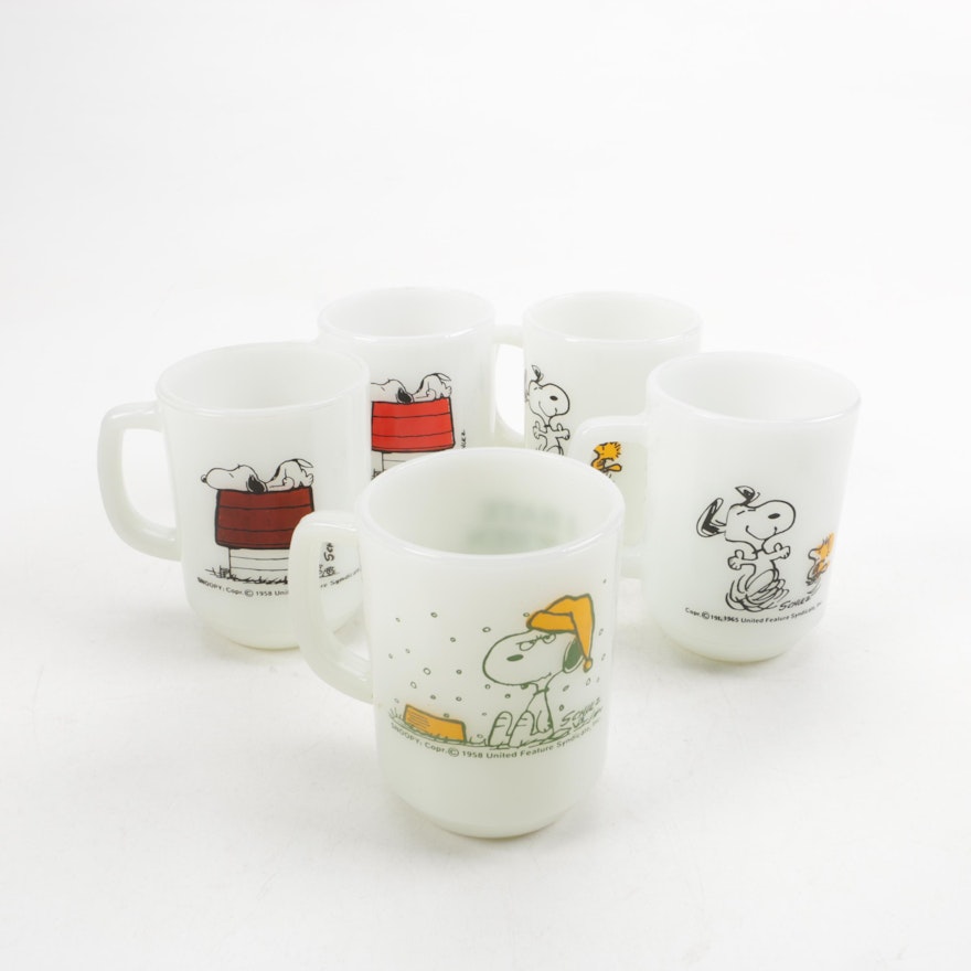 Fire-King Snoopy Themed Milk Glass Mugs