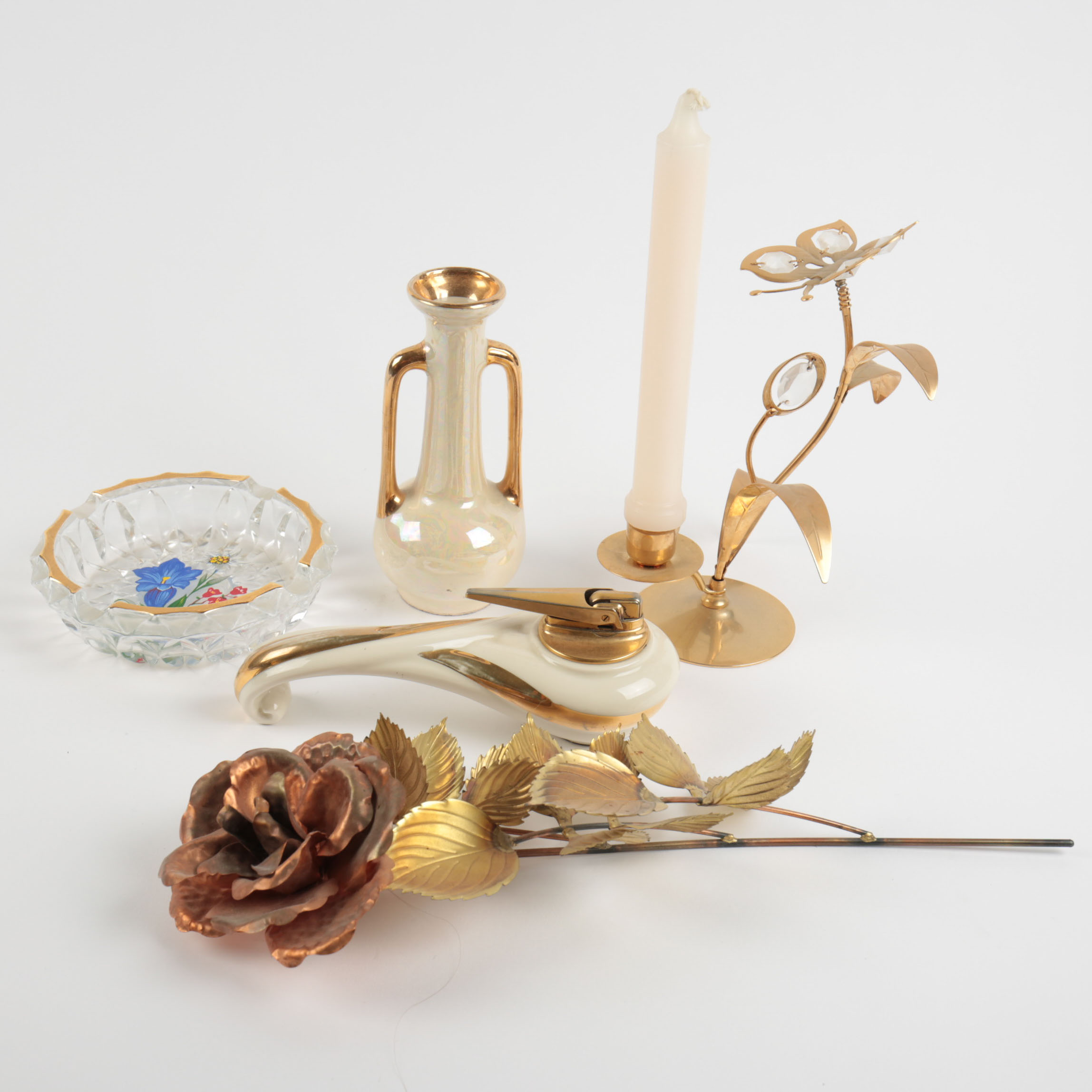 Brass and Porcelain Home Decor Including a Ronson Lighter