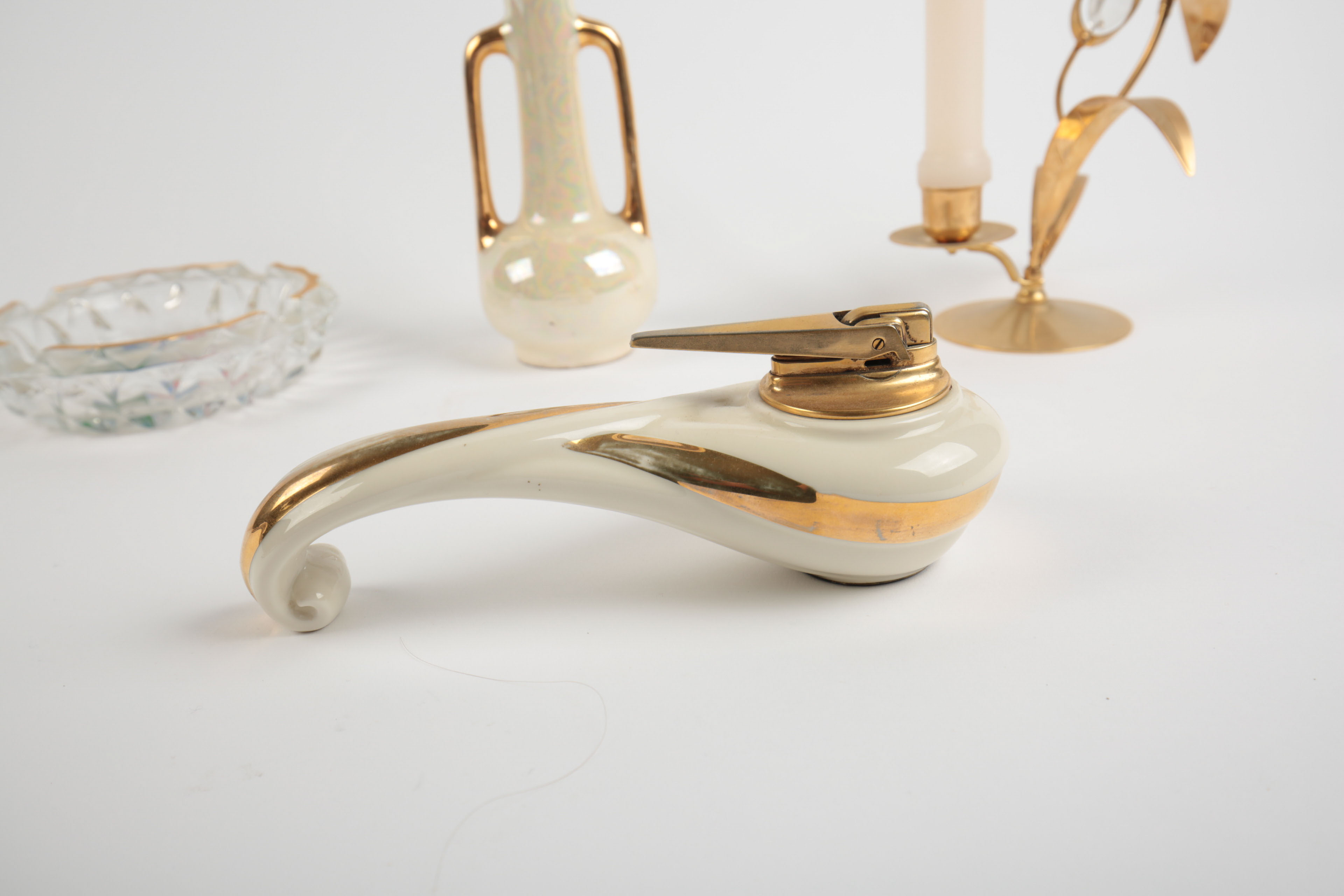 Brass and Porcelain Home Decor Including a Ronson Lighter