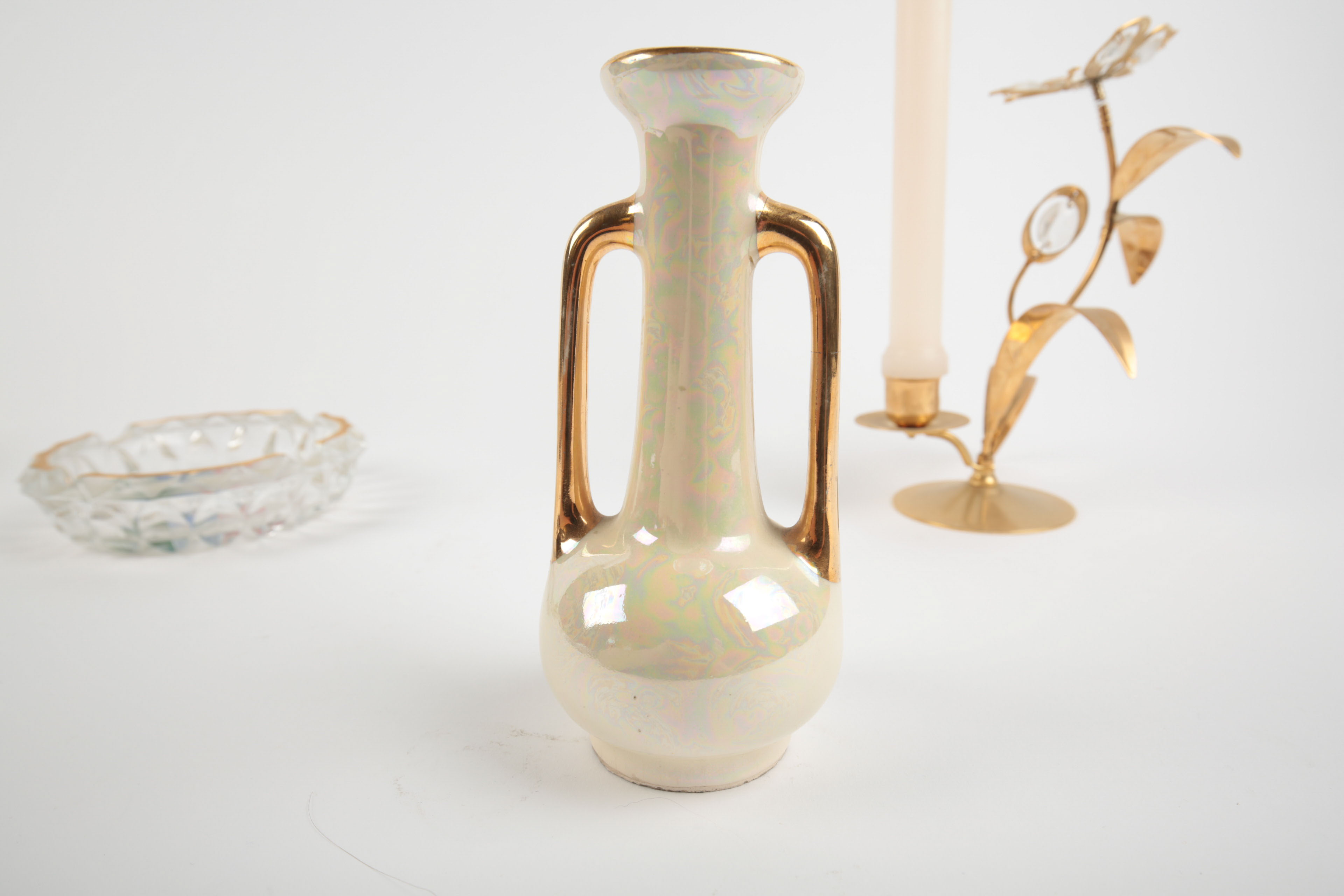 Brass and Porcelain Home Decor Including a Ronson Lighter