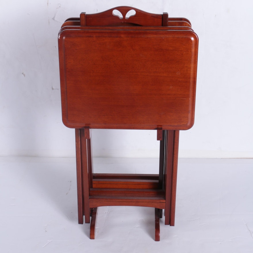 Mahogany-Stained TV Trays with Rack