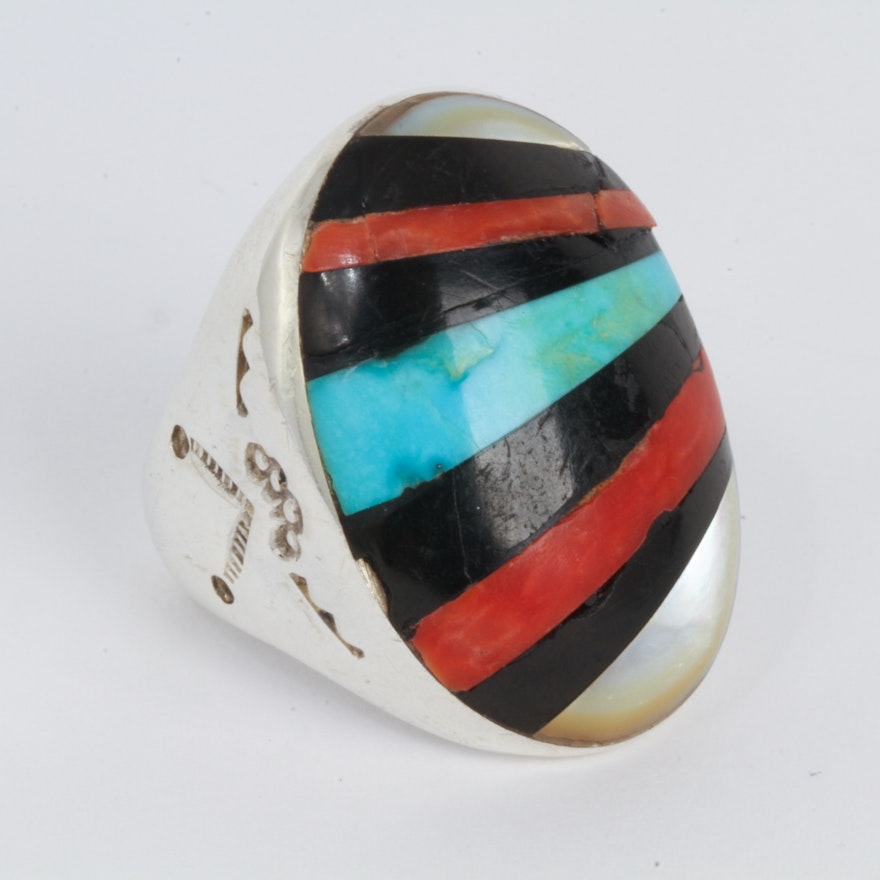 Native American Inspired Sterling Silver and Inlaid Stone Ring