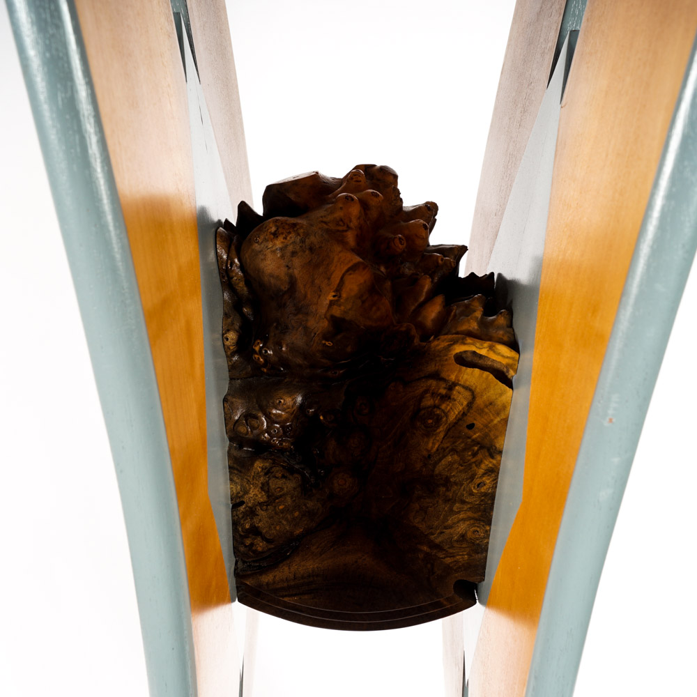 Jon Benson Marble, Walnut Burl and Metal Pedestal