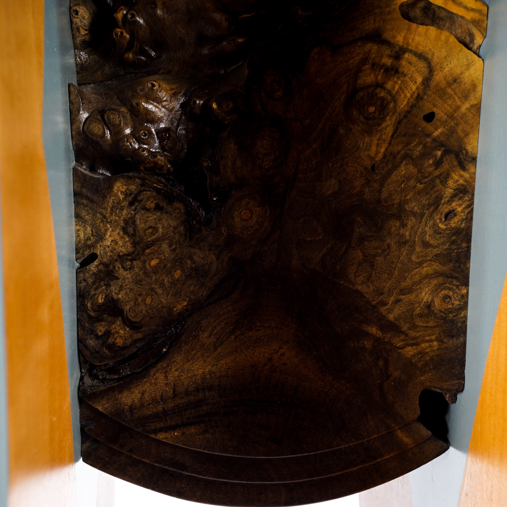 Jon Benson Marble, Walnut Burl and Metal Pedestal