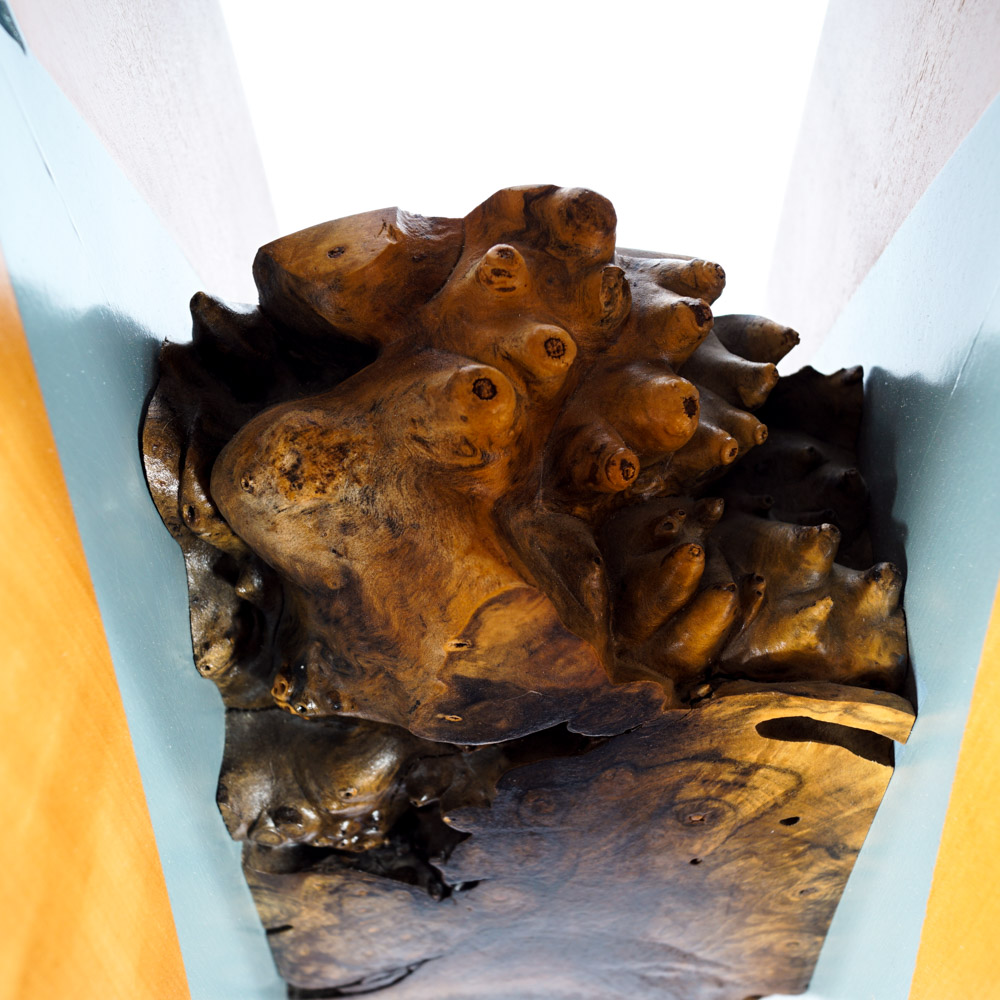 Jon Benson Marble, Walnut Burl and Metal Pedestal