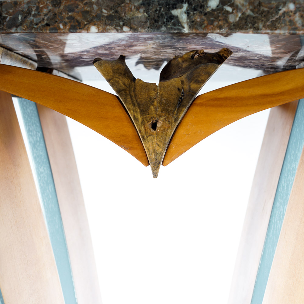 Jon Benson Marble, Walnut Burl and Metal Pedestal