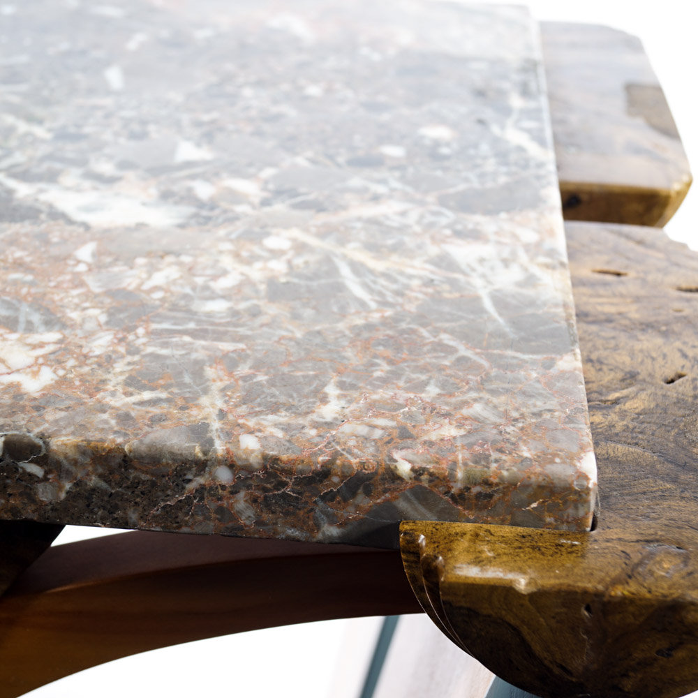 Jon Benson Marble, Walnut Burl and Metal Pedestal