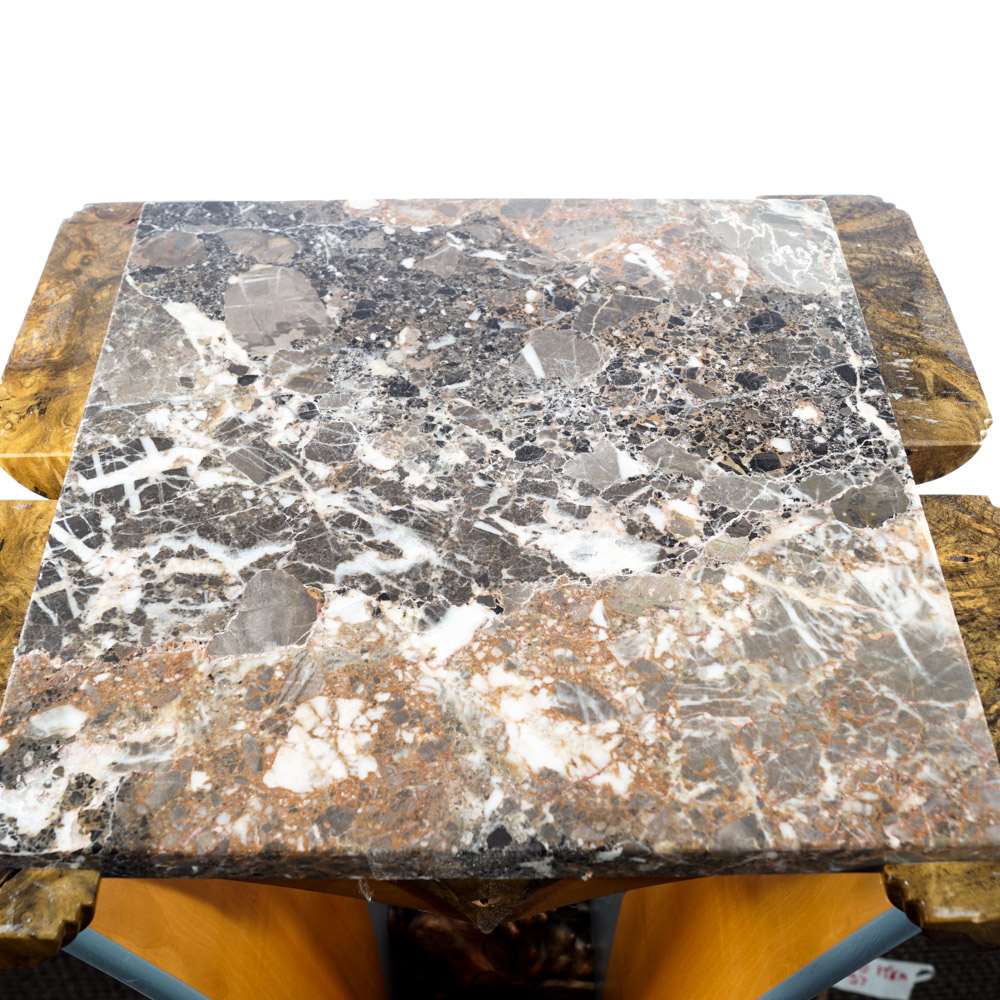 Jon Benson Marble, Walnut Burl and Metal Pedestal