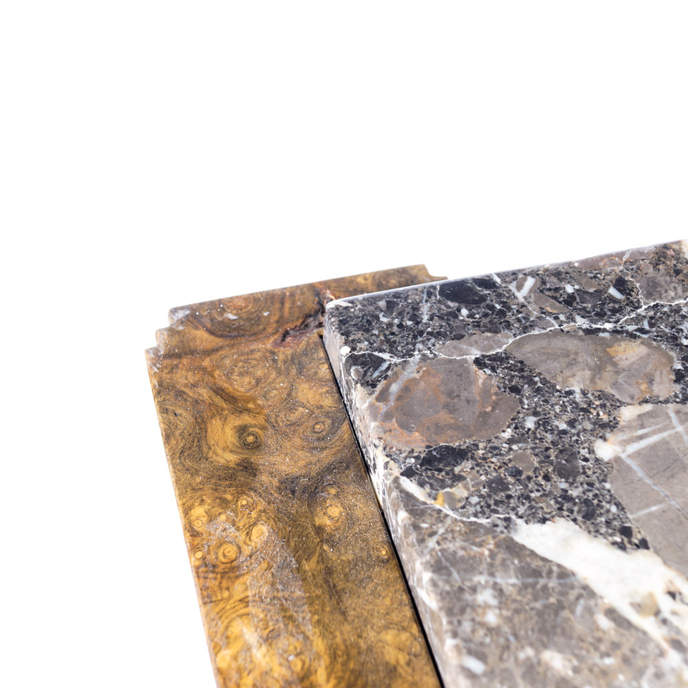 Jon Benson Marble, Walnut Burl and Metal Pedestal