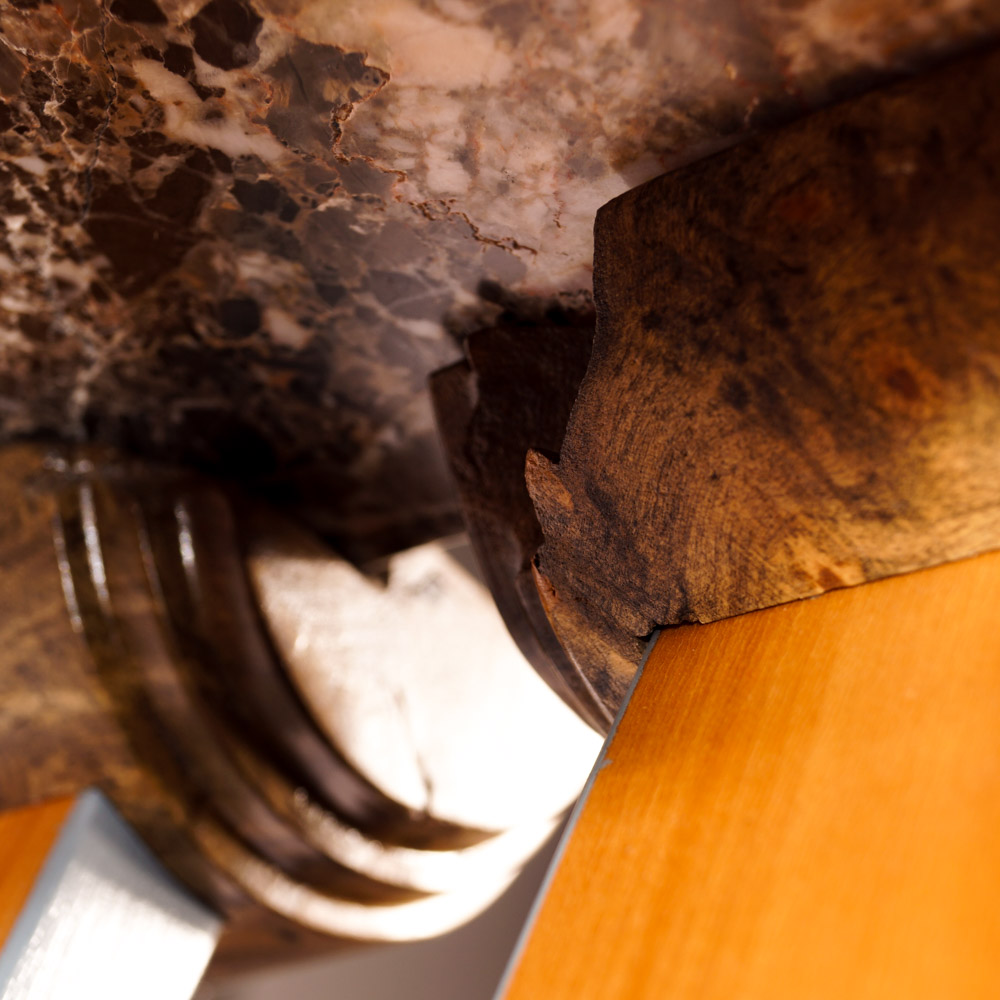 Jon Benson Marble, Walnut Burl and Metal Pedestal
